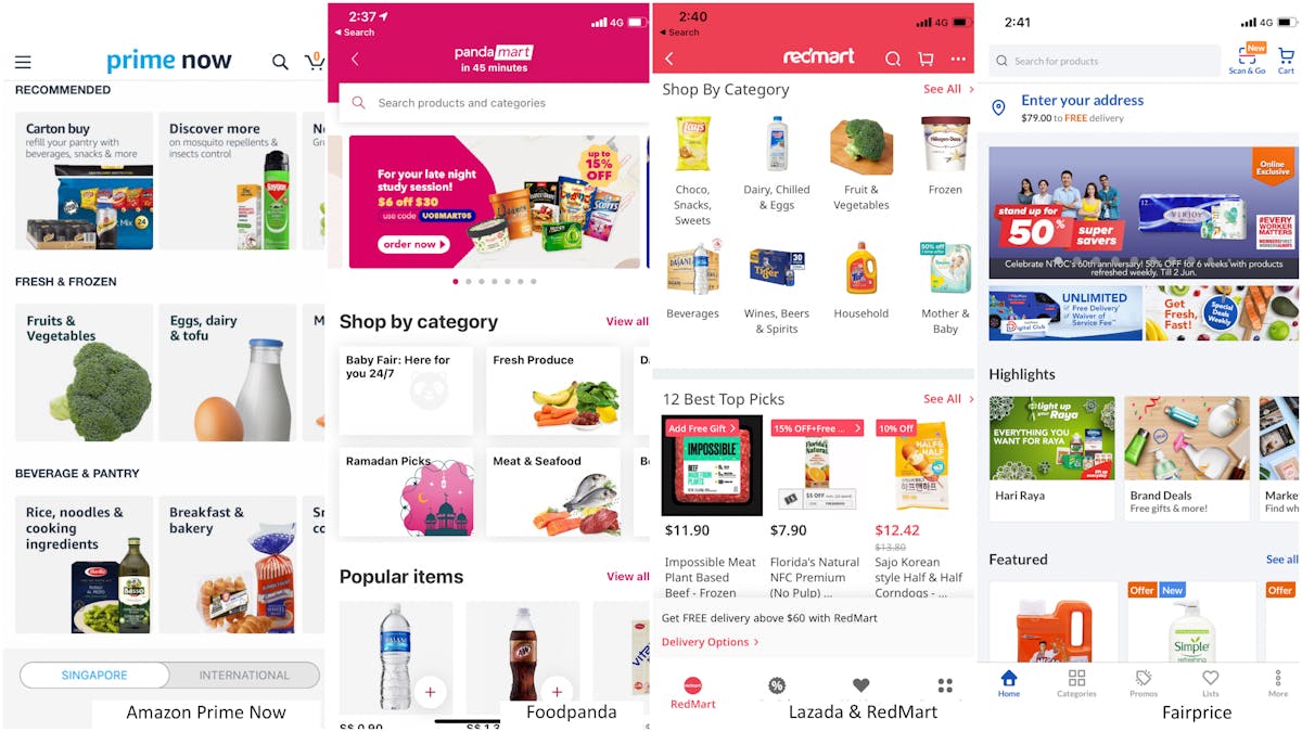 Home pages of the different grocery delivery apps in Singapore including Amazon Prime Now, Pandamart, Lazada & Redmart and Fairprice. You can see all the categories on the home page. 