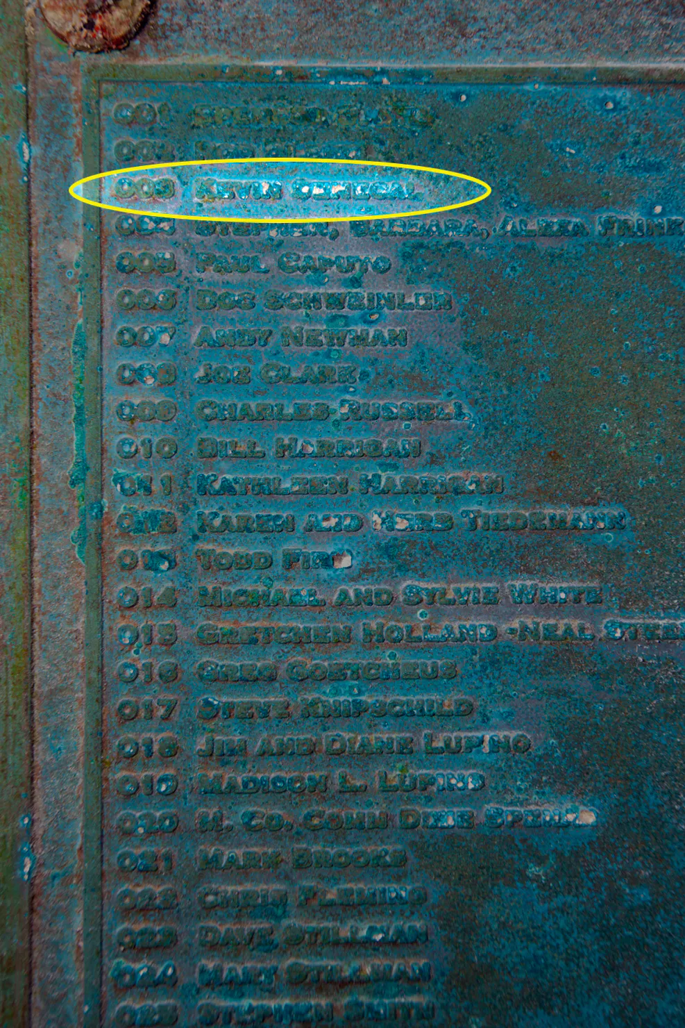 plaque of donors on the 15th Anniversary of the Spiegel Grove. Kevin Senecal's name as #3 on the list of donors
