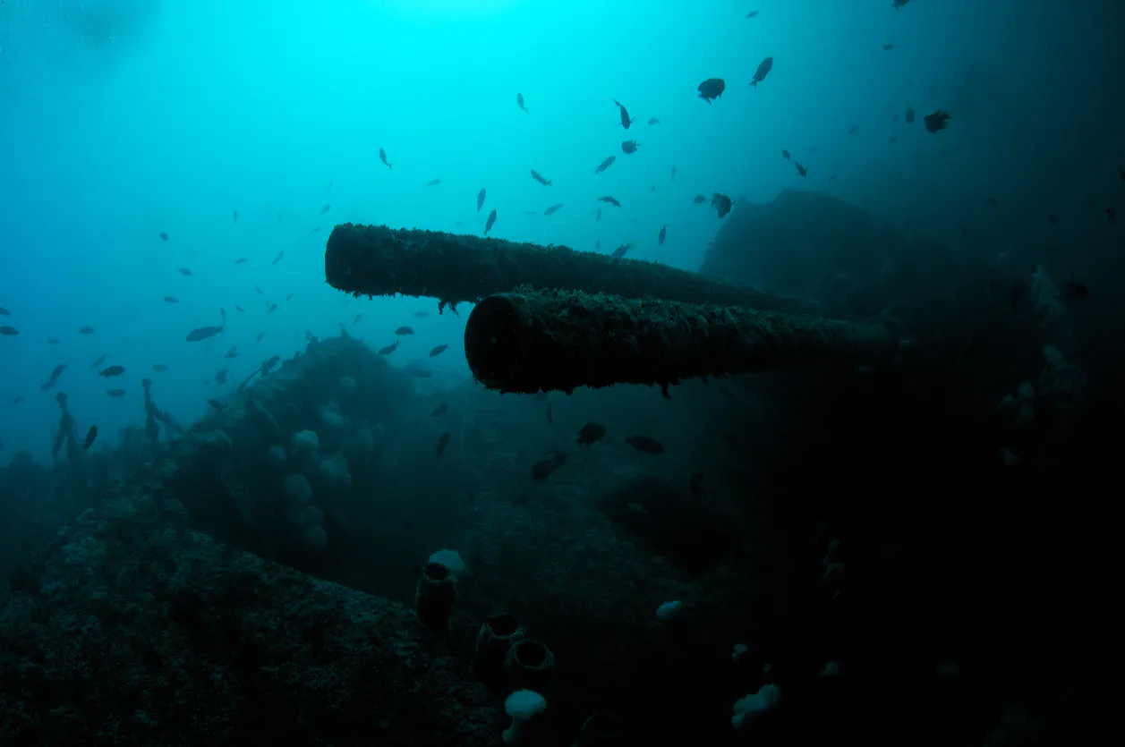 Underwater ship wreck turned into an artificial reef