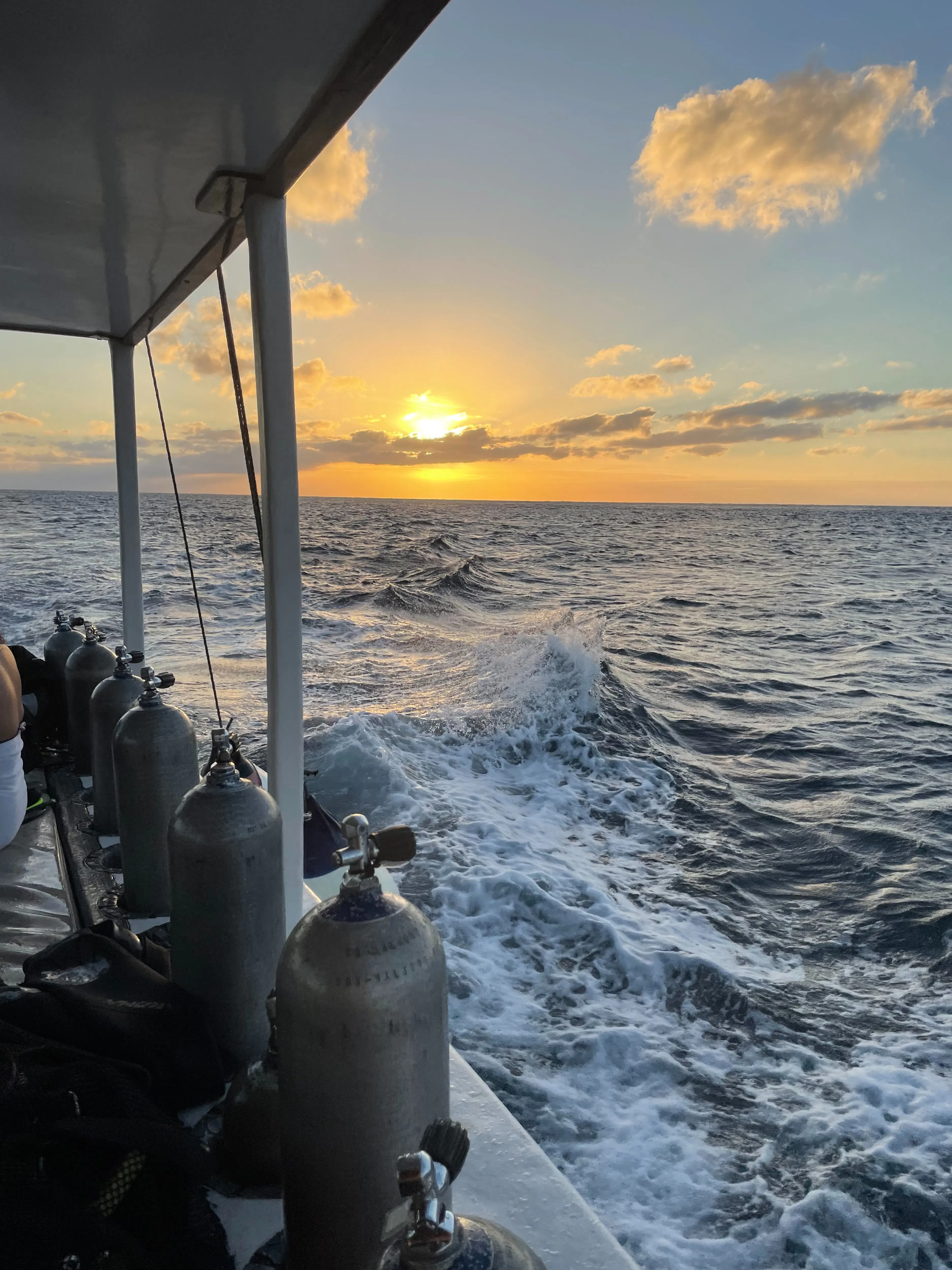 Dive charter and the sun close to the horizon