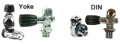 Two different regulator first stages and their respected scuba cylinder valves