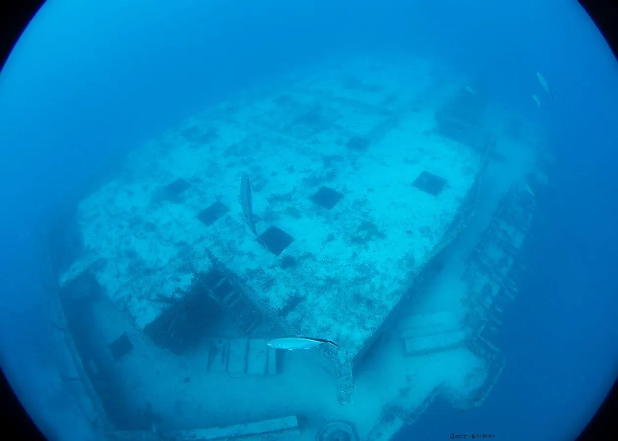 Top view of underwater ship wreck dive site