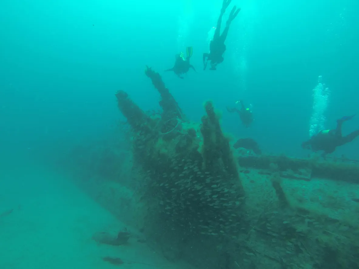 Scuba divers scuba diving wreck dive site underwater.