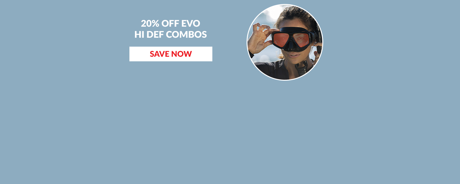 20% OFF EVO HI DEF COMBOS. Web Banner. Women with scuba mask on face 