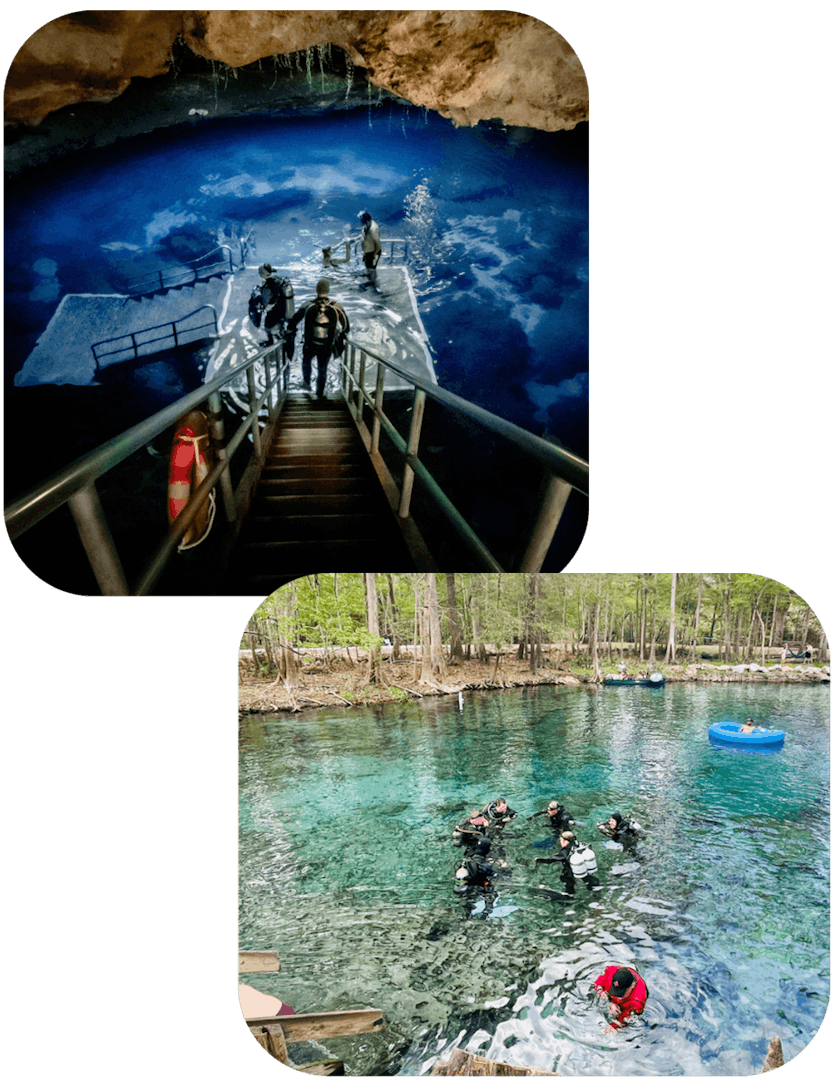 Collage of divers enter a cavern known as Devil's Den and Divers grouped together at the surfgace at Ginnie Springs.