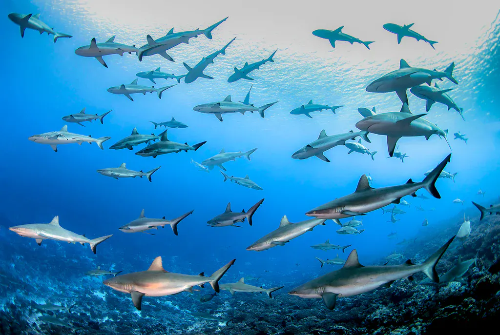 Picture of dozens of sharks swimming along a reef.