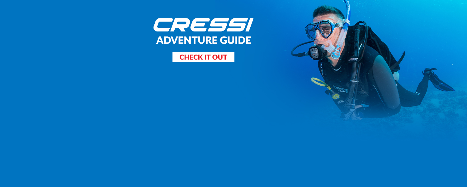 Cressi Adventure Guide Web Banner - Scuba diver using Cressi Gear Underwater 