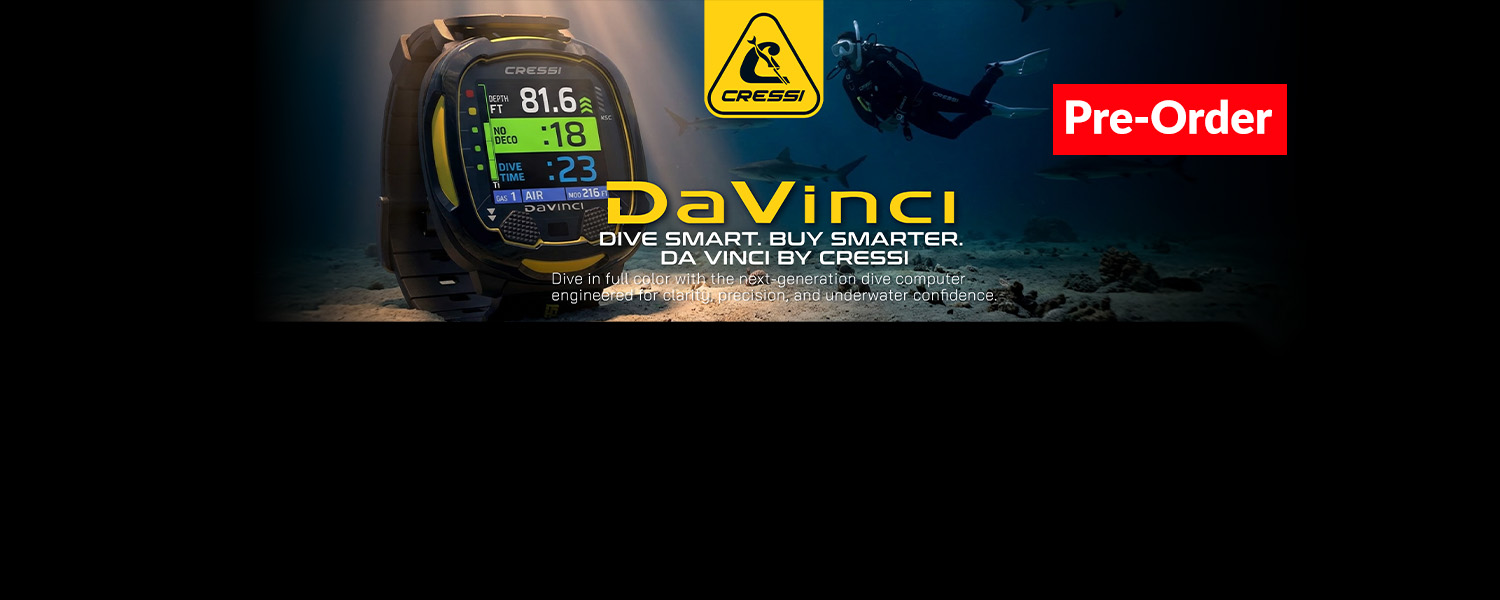 Cressi DaVinci Dive Computer informational Banner. On the sea floor with diver in background 