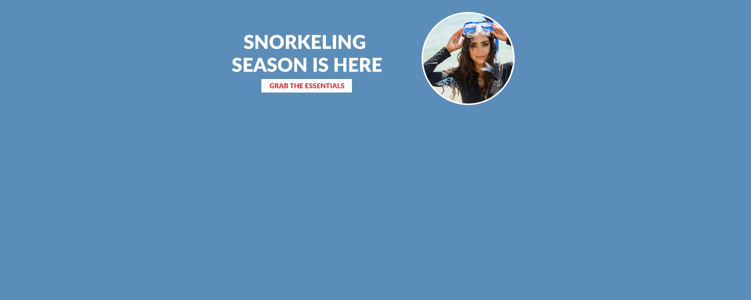 "Snorkeling Season is here" web banner. Image: a women with a snorkel and scuba mask on her head with the ocean behind her 