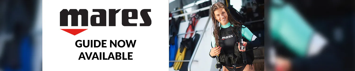 Mares Guide Now Available banner. Young women wearing a mares wetsuit with the brand printed on the chest and wearing a bcd out of water smiling at the camera. 