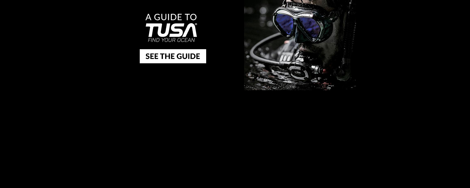 Tusa eguide web banner. Darken image of a scuba diver above the water's surface with scuba mask on and the lens with a purple tint and regulator in mouth. 
