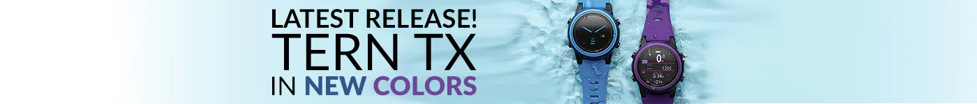 Tern TX New colors just released! A blue and purple shearwater tern tx wrist dive computer next to each other with a light blue wrinkled background. web banner 