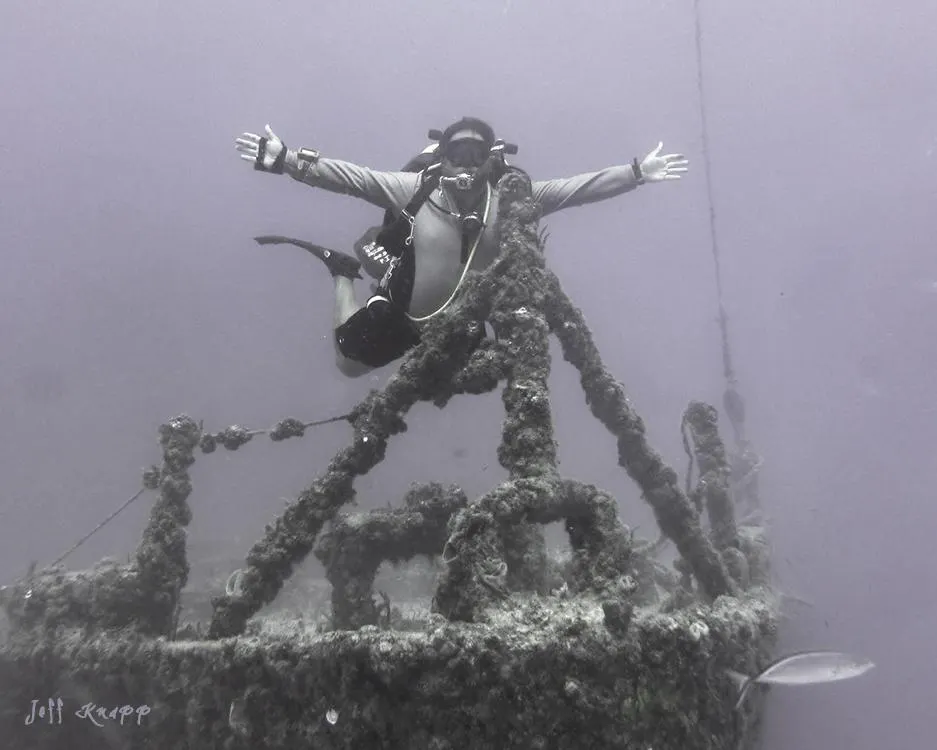 Scuba diver at the edge of the Spiegel Grove Ship wreck dive site