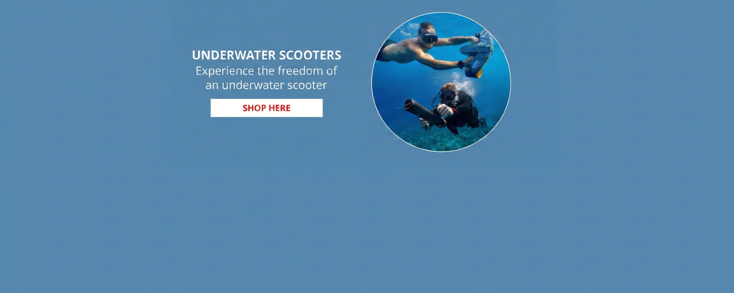 Underwater Scooters. Experience the freedom of an underwater scooter. Web banner. Image: two males using underwater scooters each 