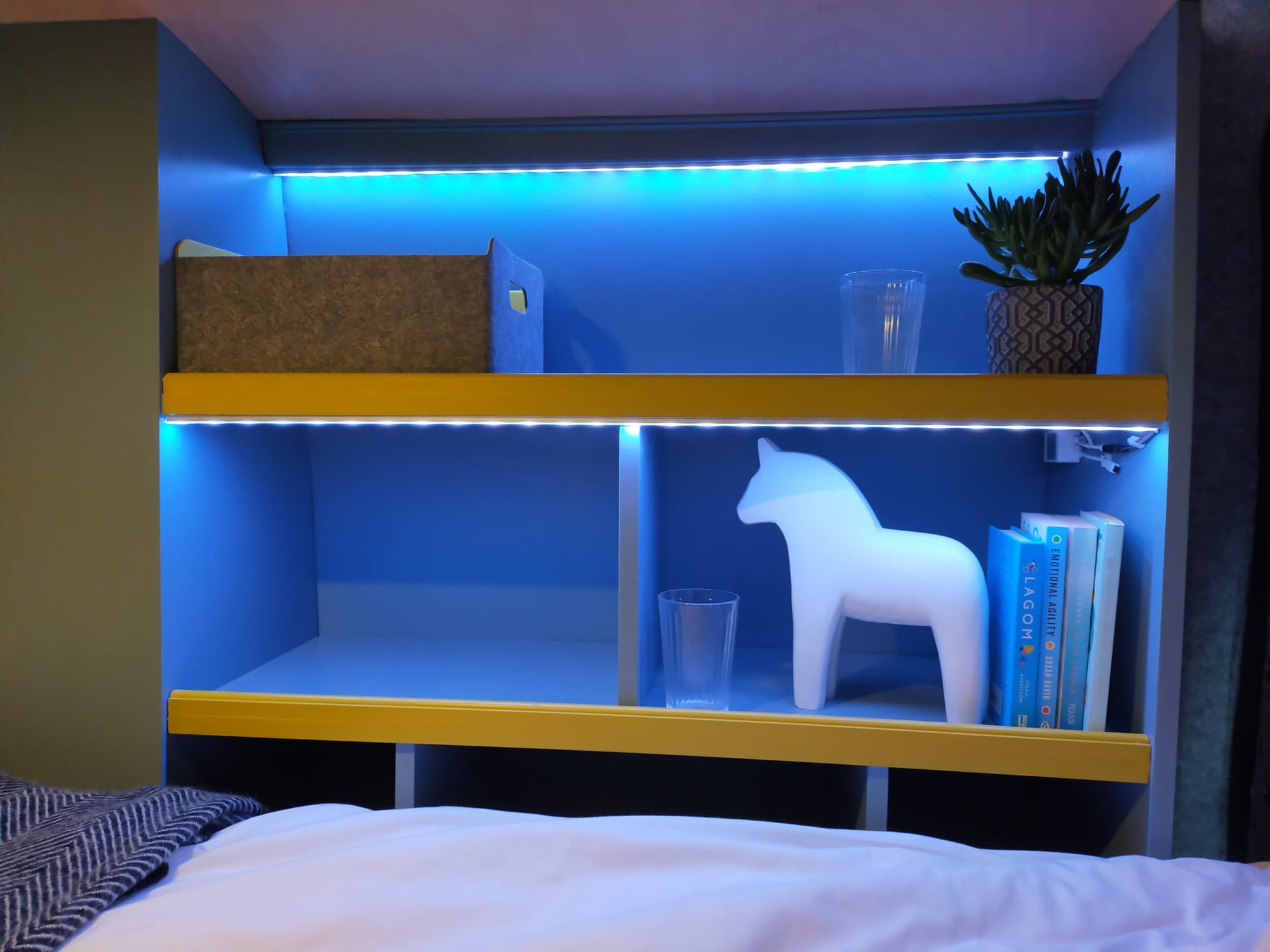 built in storage shelves with led lights