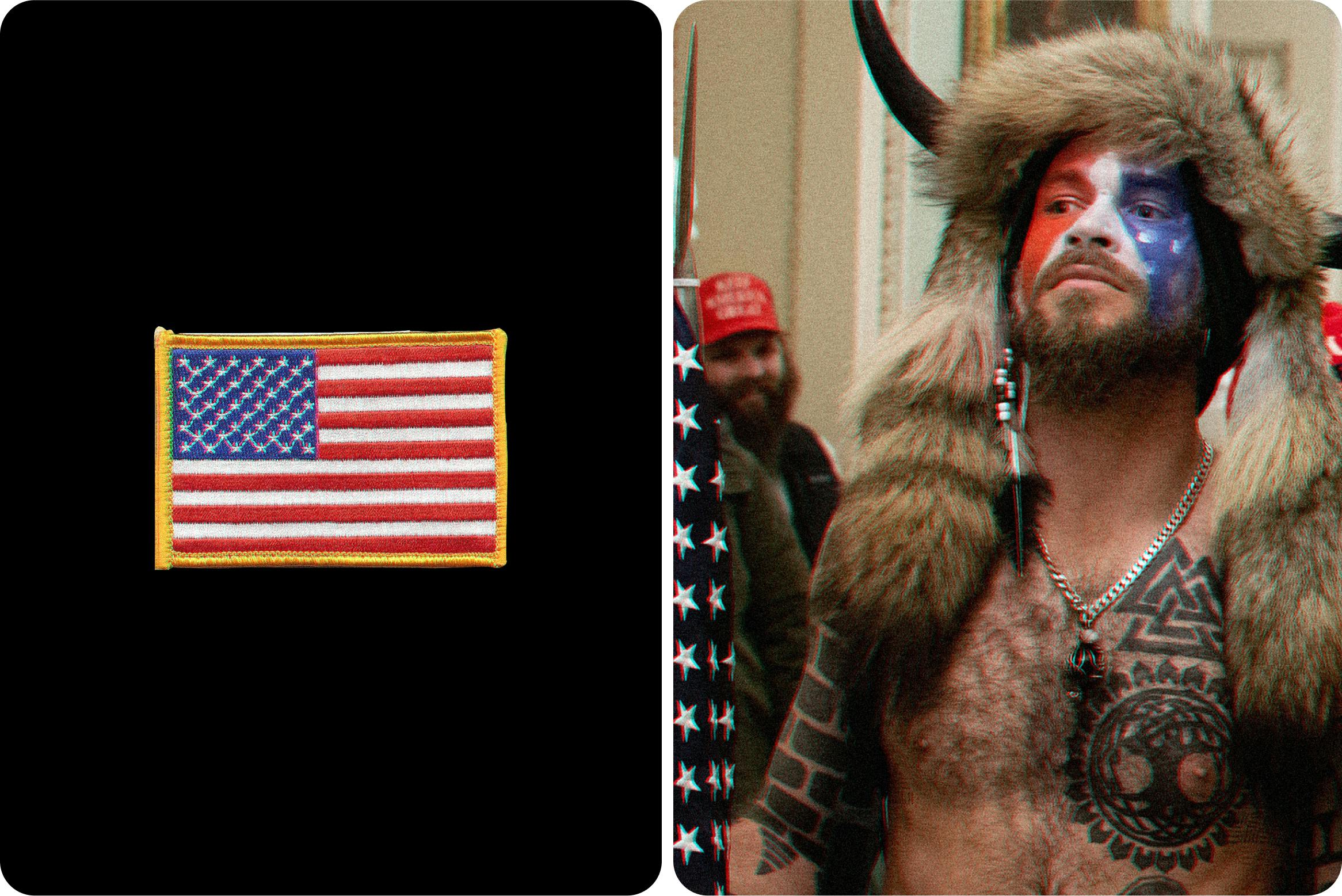 american flag and alt-right extremist wearing the american flag colors and a viking helmet