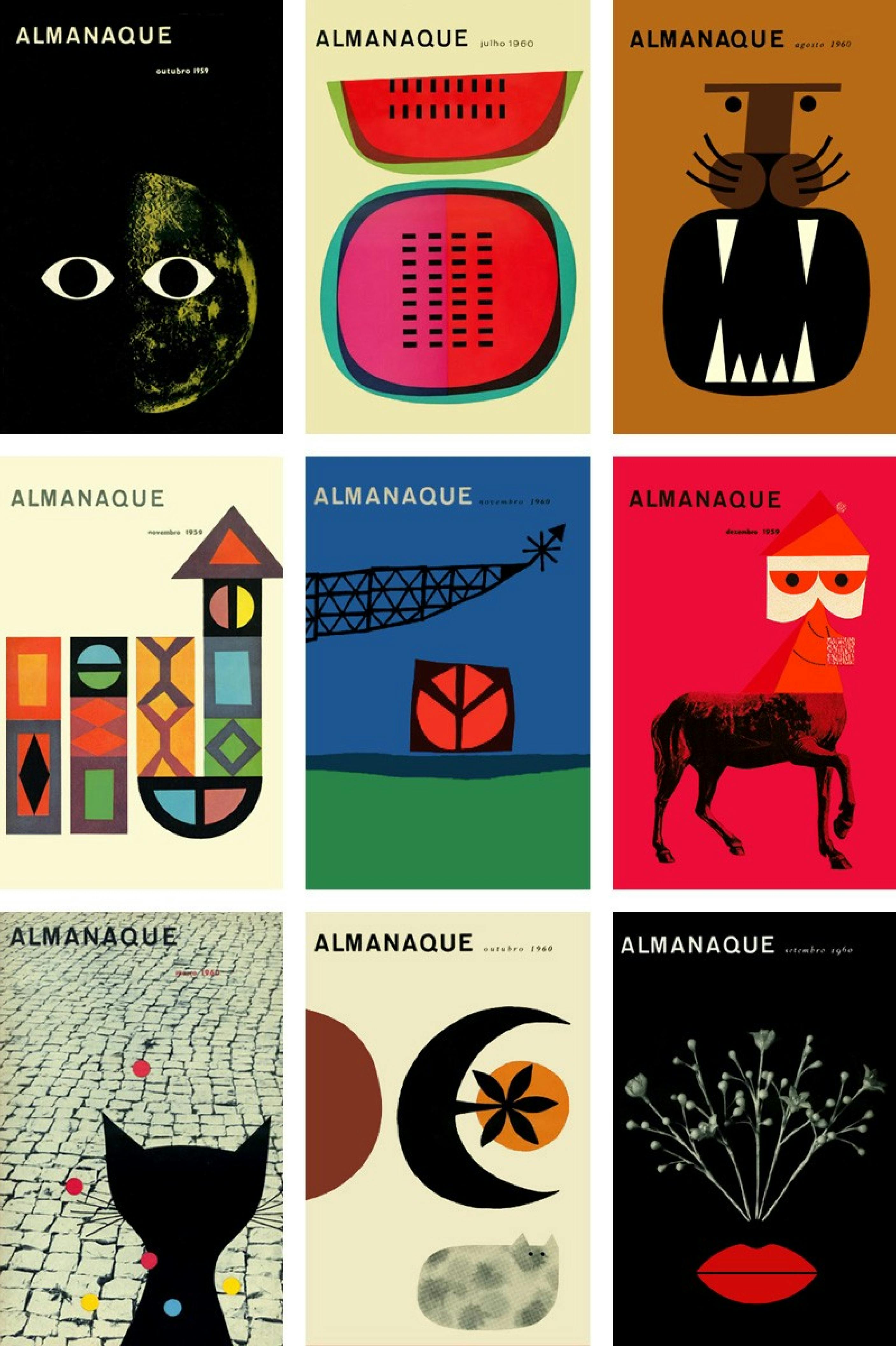 Nine covers of the Almanaque magazine designed by Sebastiao Rodrigues