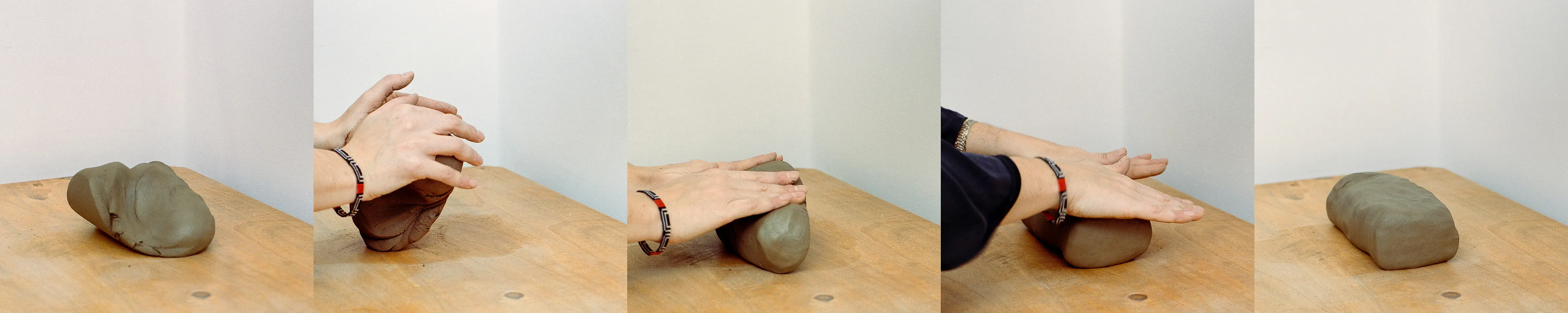 A five-step sequential photo series shows hands kneading a lump of gray clay on a wooden table, shaping it from an irregular mass into a smooth, elongated block.