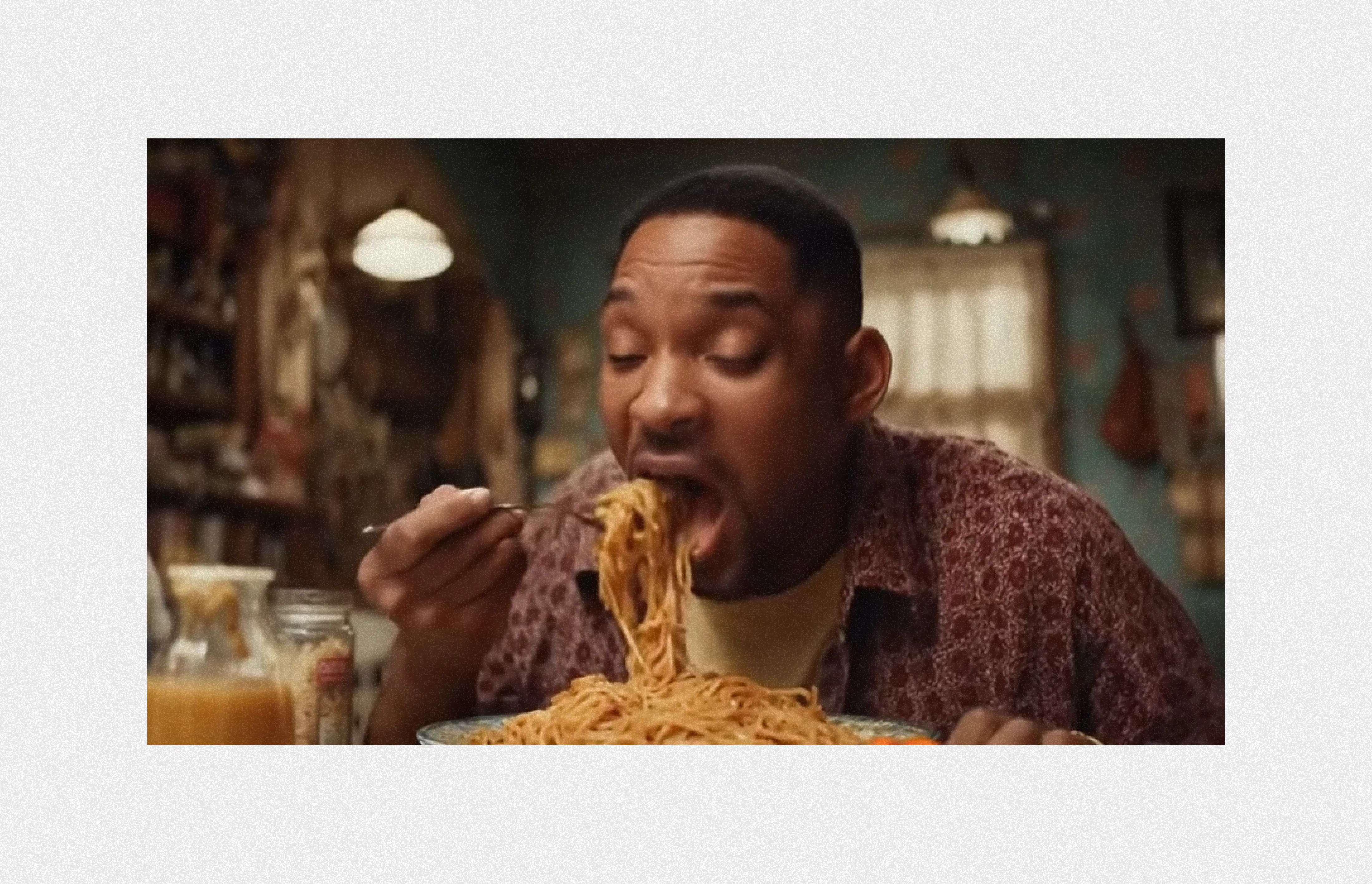 screenshot of the ai generated video of will smith eating spaghetti