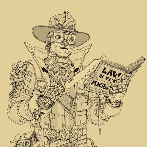 illustration of a cyborg reading a law book