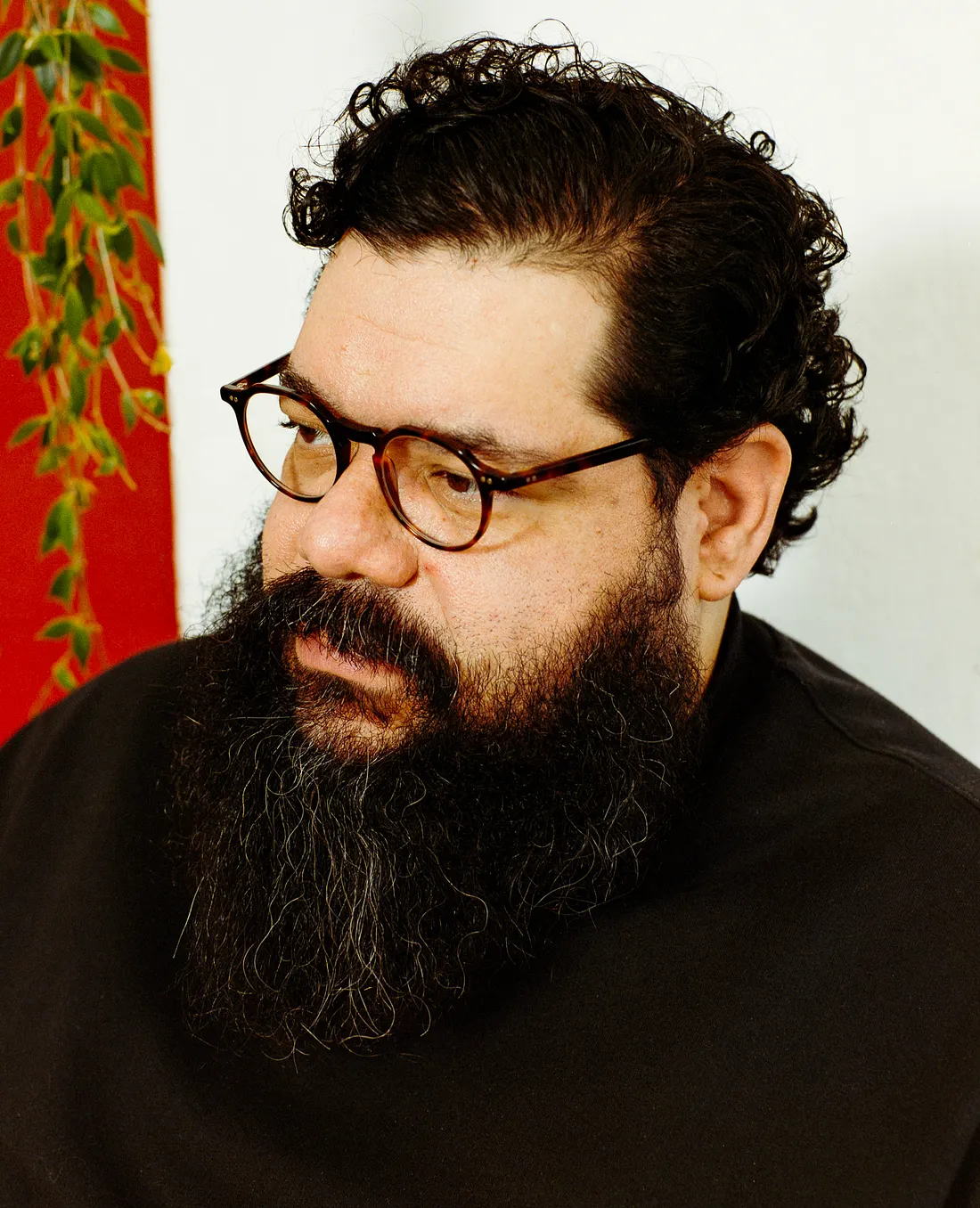 Close-up, angled portrait of a man with short, curly dark hair and a long, full beard. He is wearing round, tortoiseshell-rimmed glasses and a black shirt, looking down and to his left against a white wall with a trailing green plant.