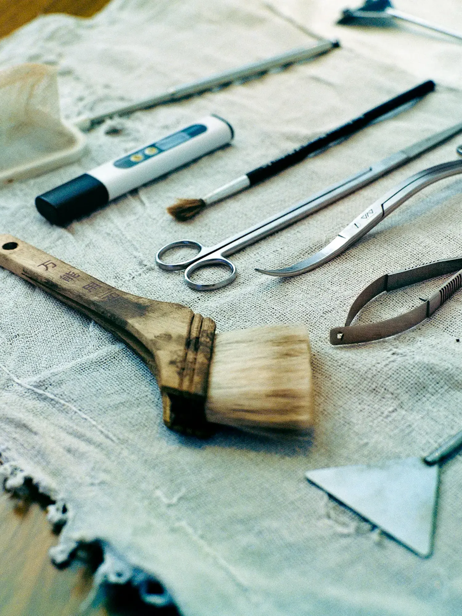 Various aquascaping tools, including stainless steel curved scissors, tweezers, a triangle sand flattener, a wooden-handled paintbrush, and a digital water tester, are neatly arranged on a textured light cloth.