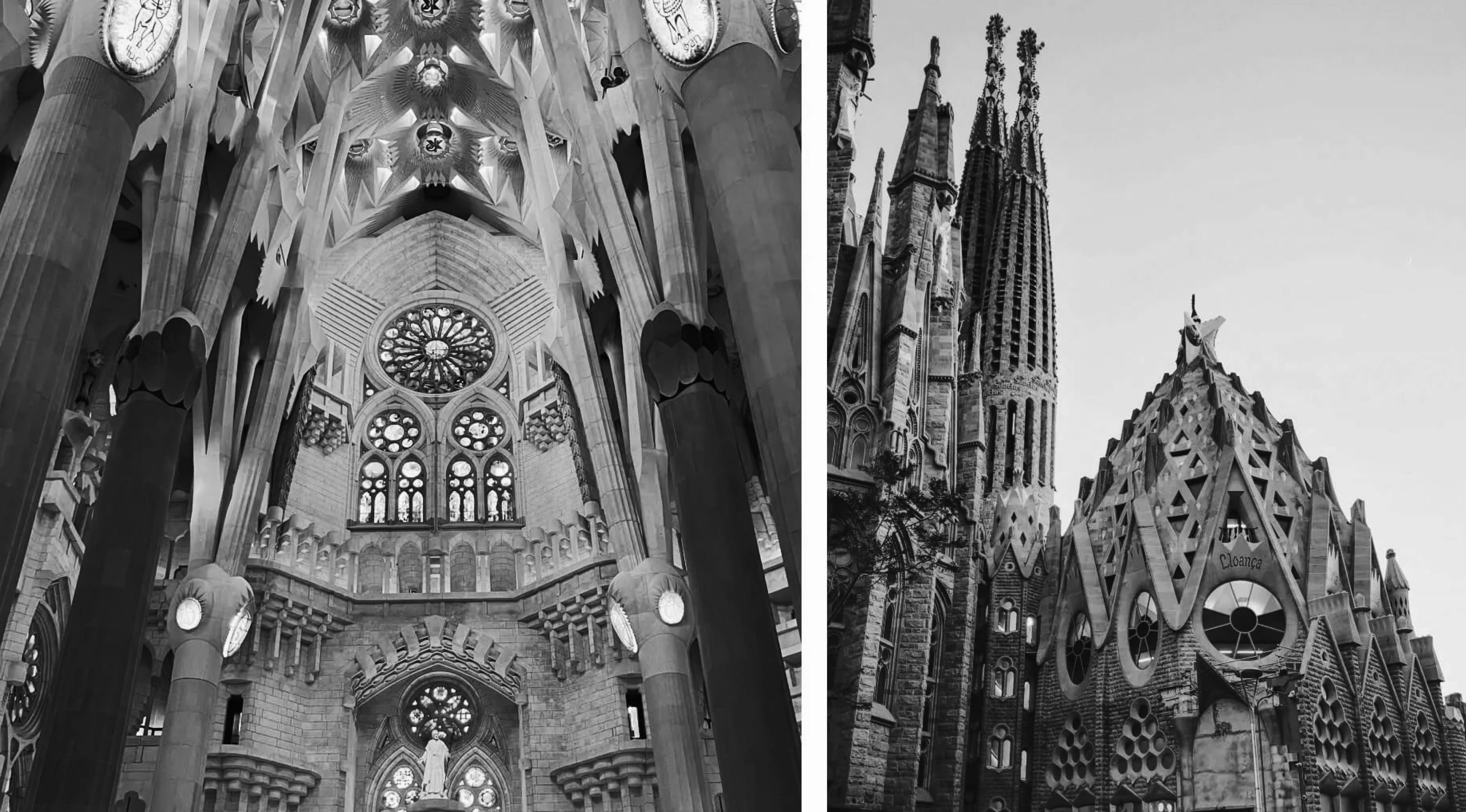 A two-image collage. The left image shows the interior of the Sagrada Familia church with tall, ornately decorated columns and a large rose window. The right image shows the exterior of the same church, with its towering spires and intricate facade.