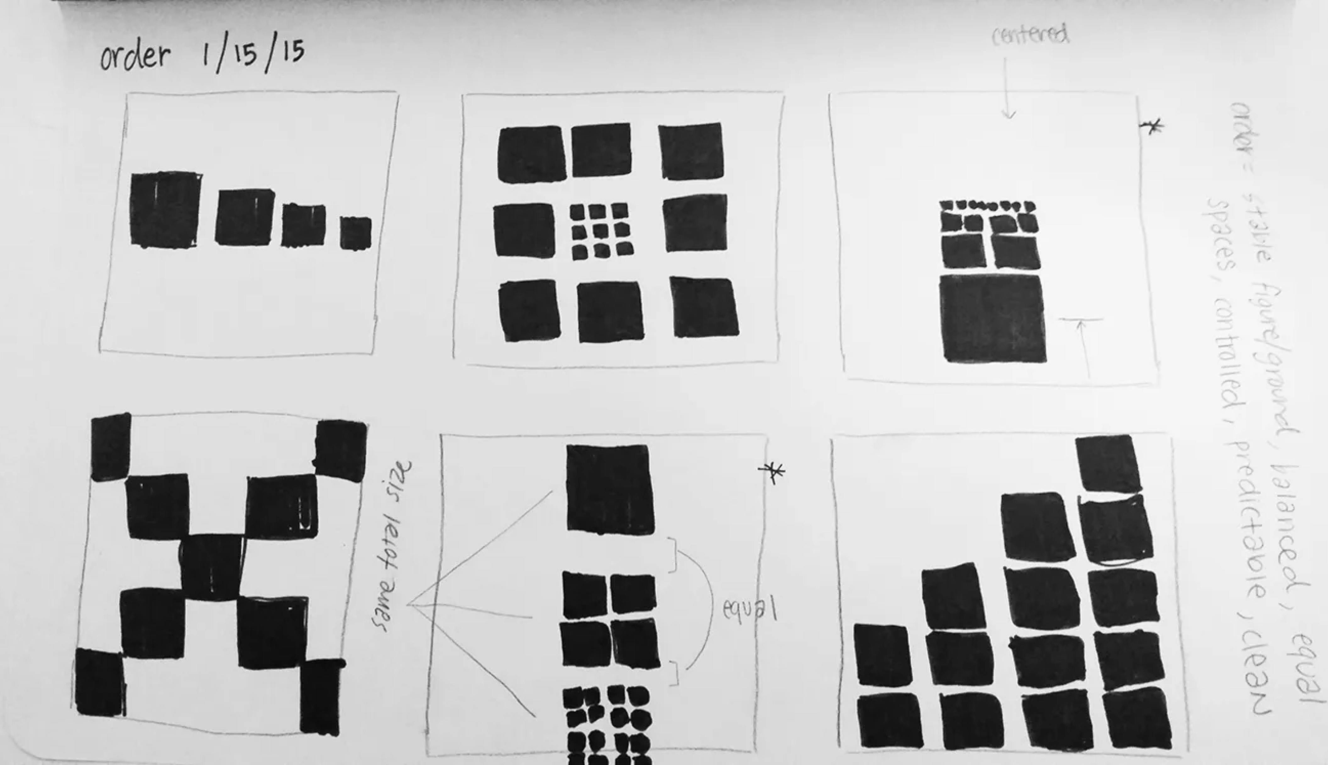 A black and white sketch of six squares, each containing a different arrangement of black squares.

