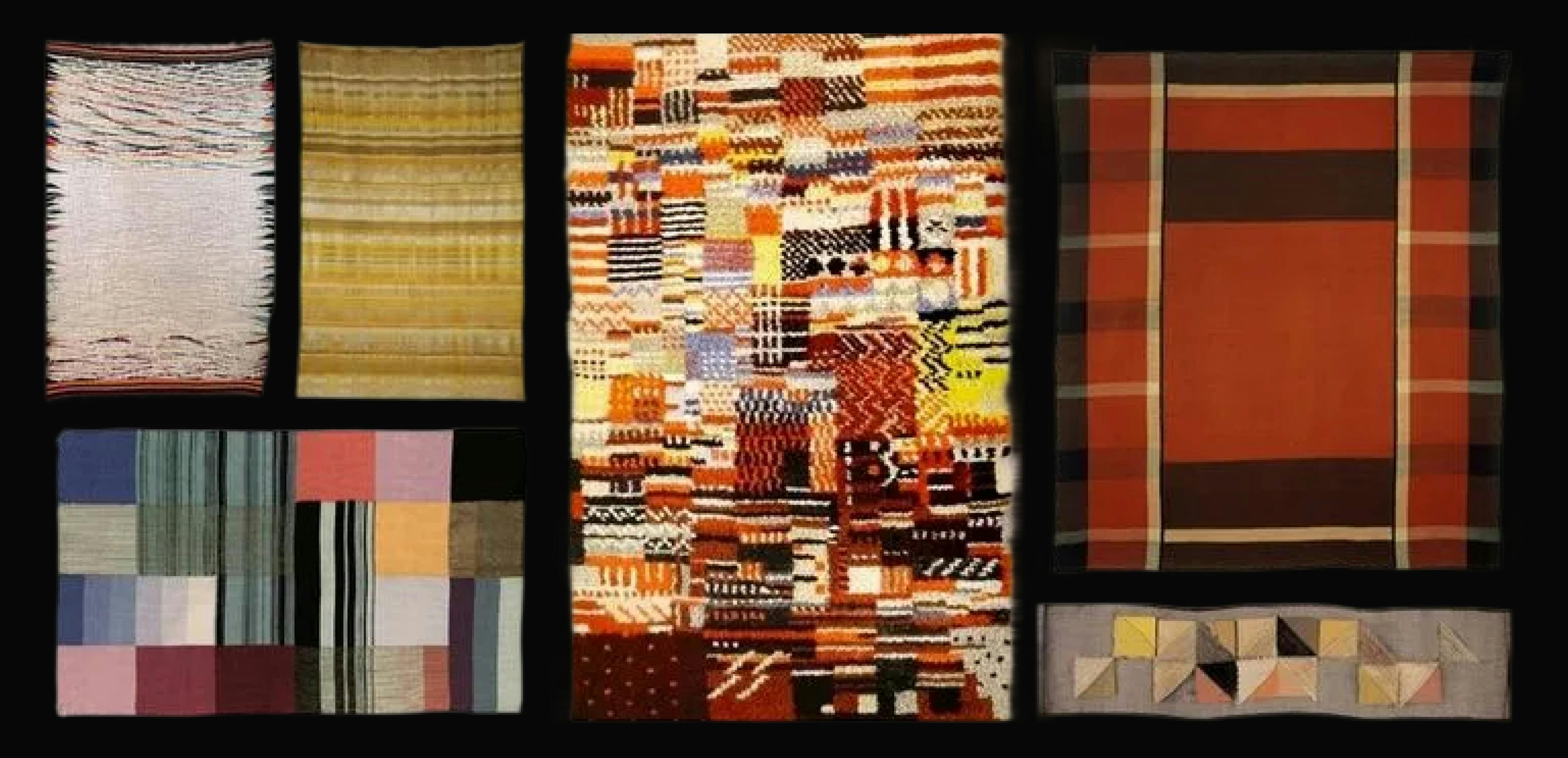 A collage of six textile samples featuring a variety of colors, patterns, and textures.

