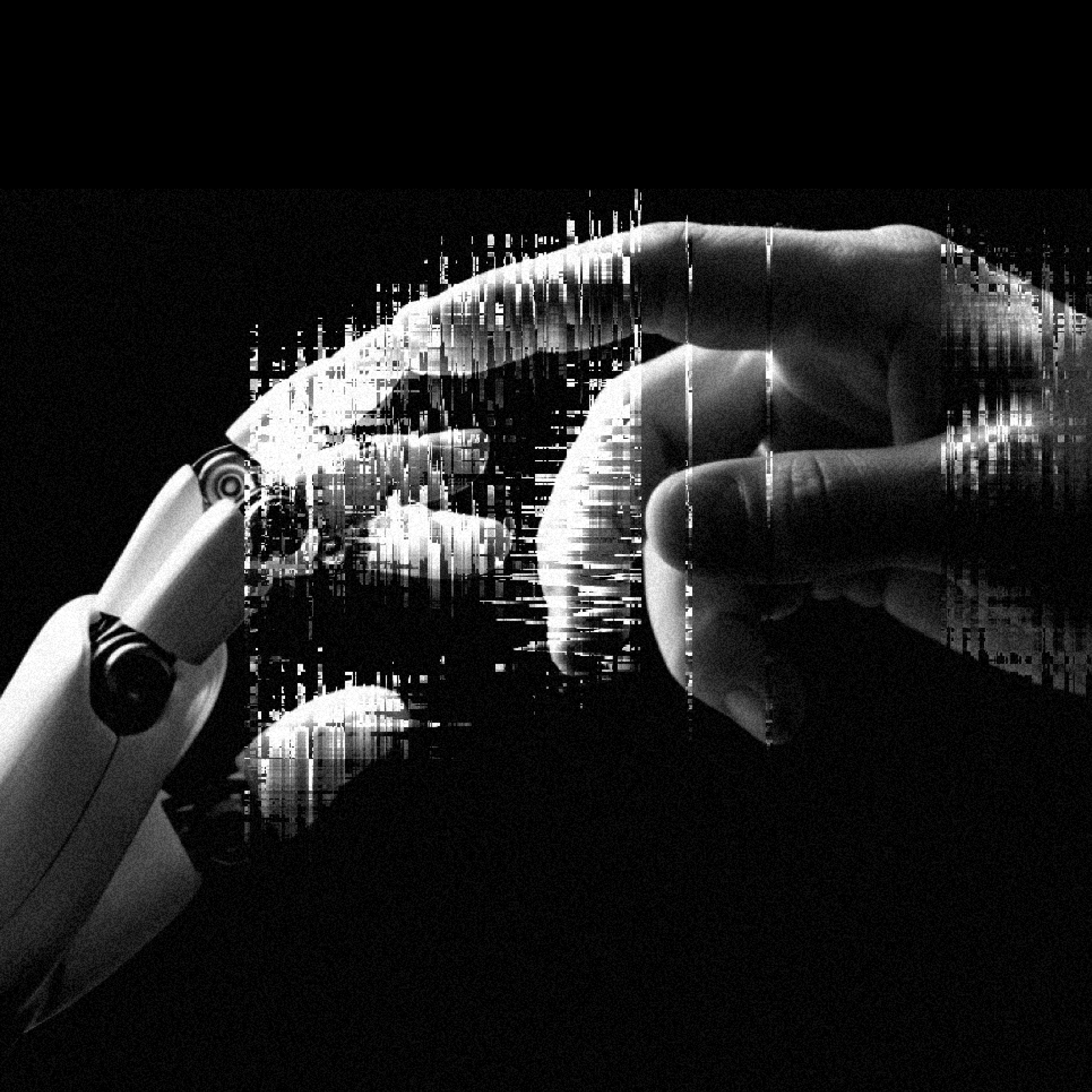 Robotic and human hands reach out to touch in a black and white image, highlighting themes of technology and connection.