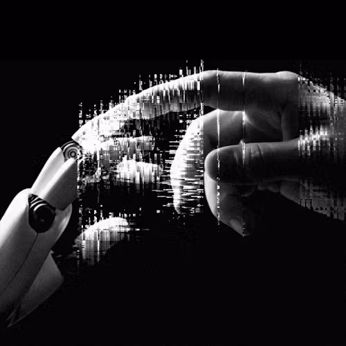 Robotic and human hands reach out to touch in a black and white image, highlighting themes of technology and connection.
