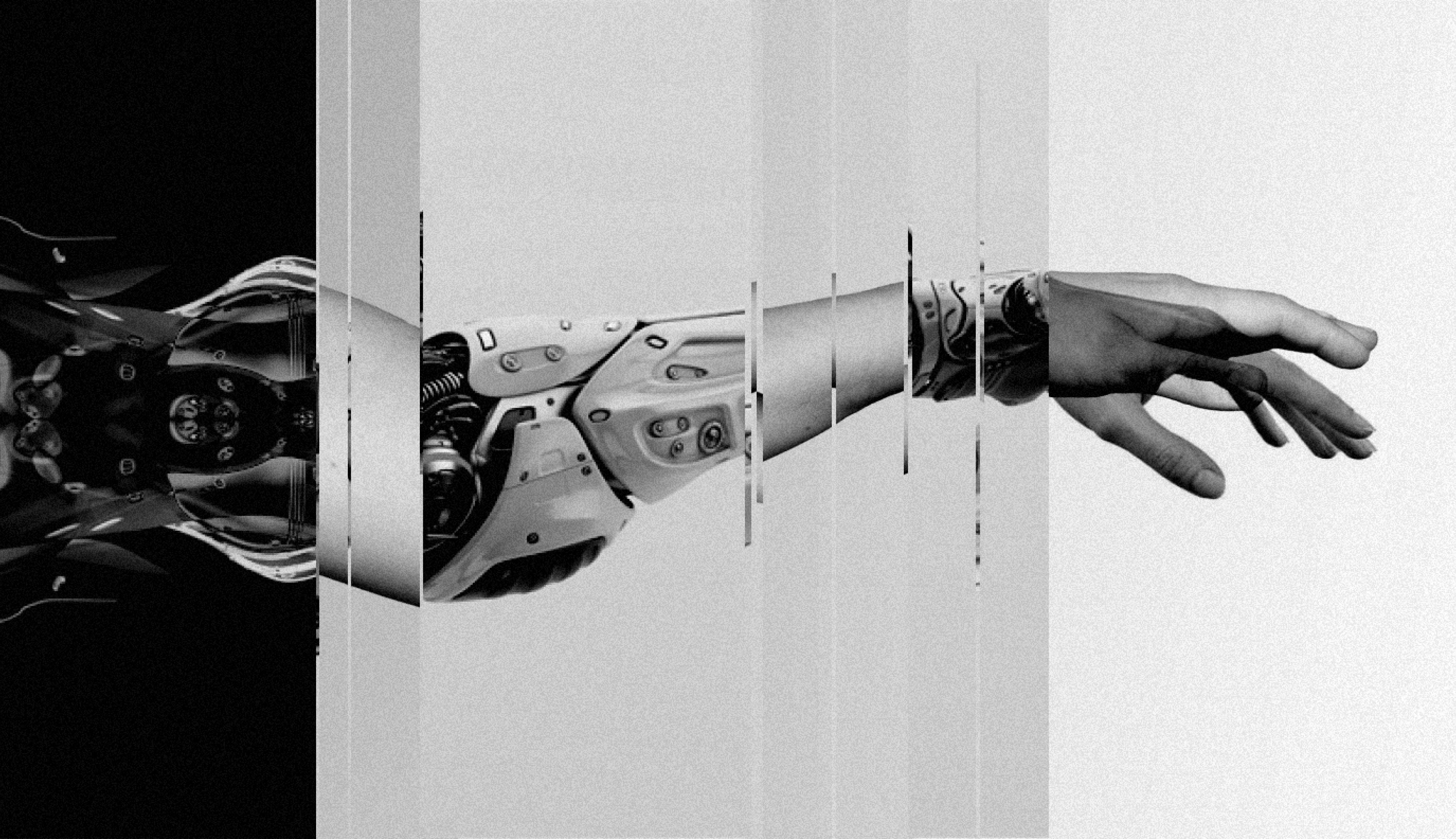 A grayscale image of a segmented arm, transitioning from a robotic design on the left to a realistic human arm on the right, with the robotic portion featuring visible gears and metallic components, and the human portion displaying skin and muscle texture. The arm extends horizontally across a tri-sectioned background, with the left section in solid black, the center in a lighter gray with vertical lines, and the right in solid white.

