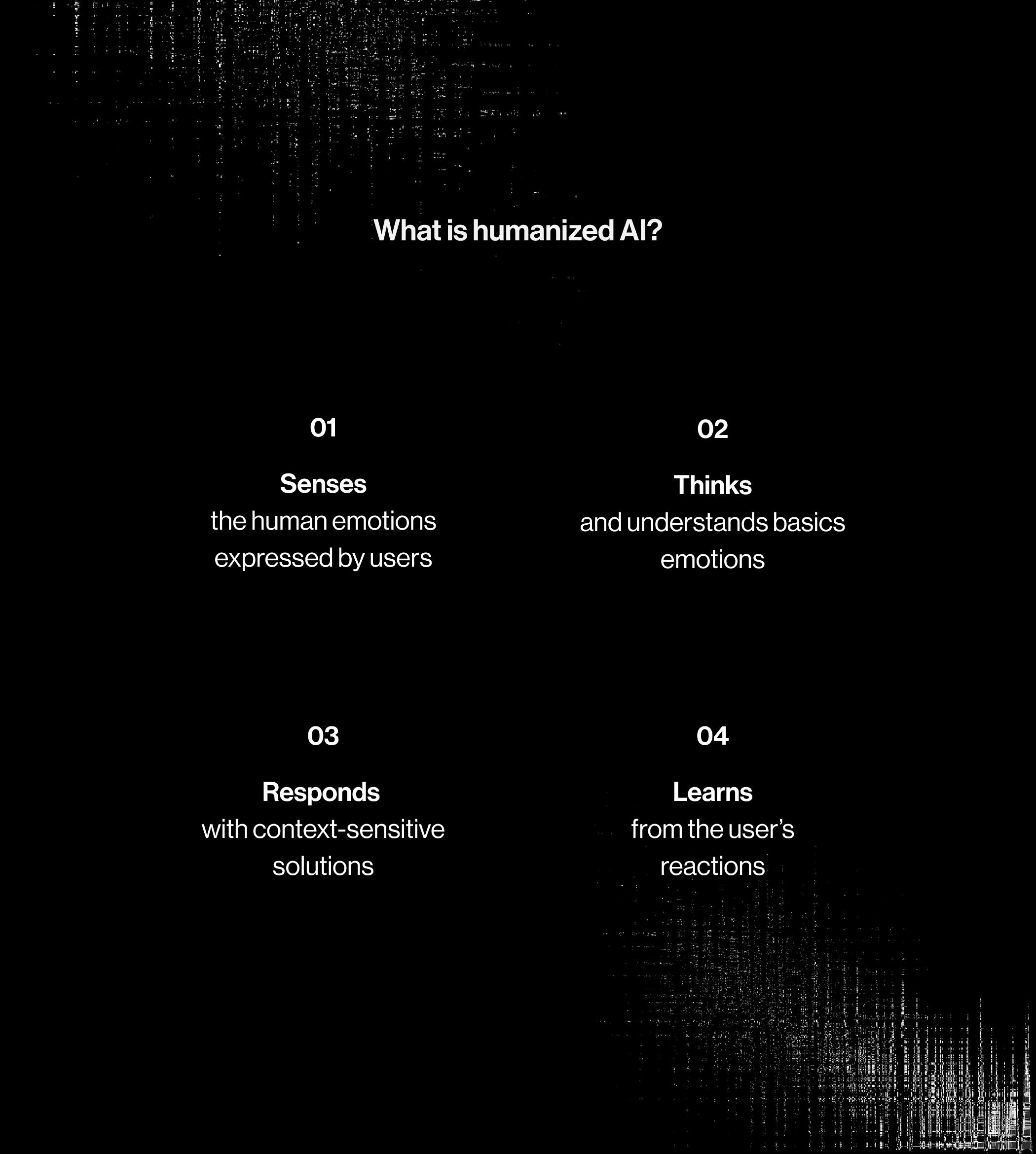 The text reads "What is humanized AI?" at the top, followed by four numbered sections with descriptions of humanized AI's capabilities: sensing emotions, understanding basic emotions, responding with context-sensitive solutions, and learning from user reactions. The surrounding abstract pattern features a white border with radiating lines, creating a distorted effect.

