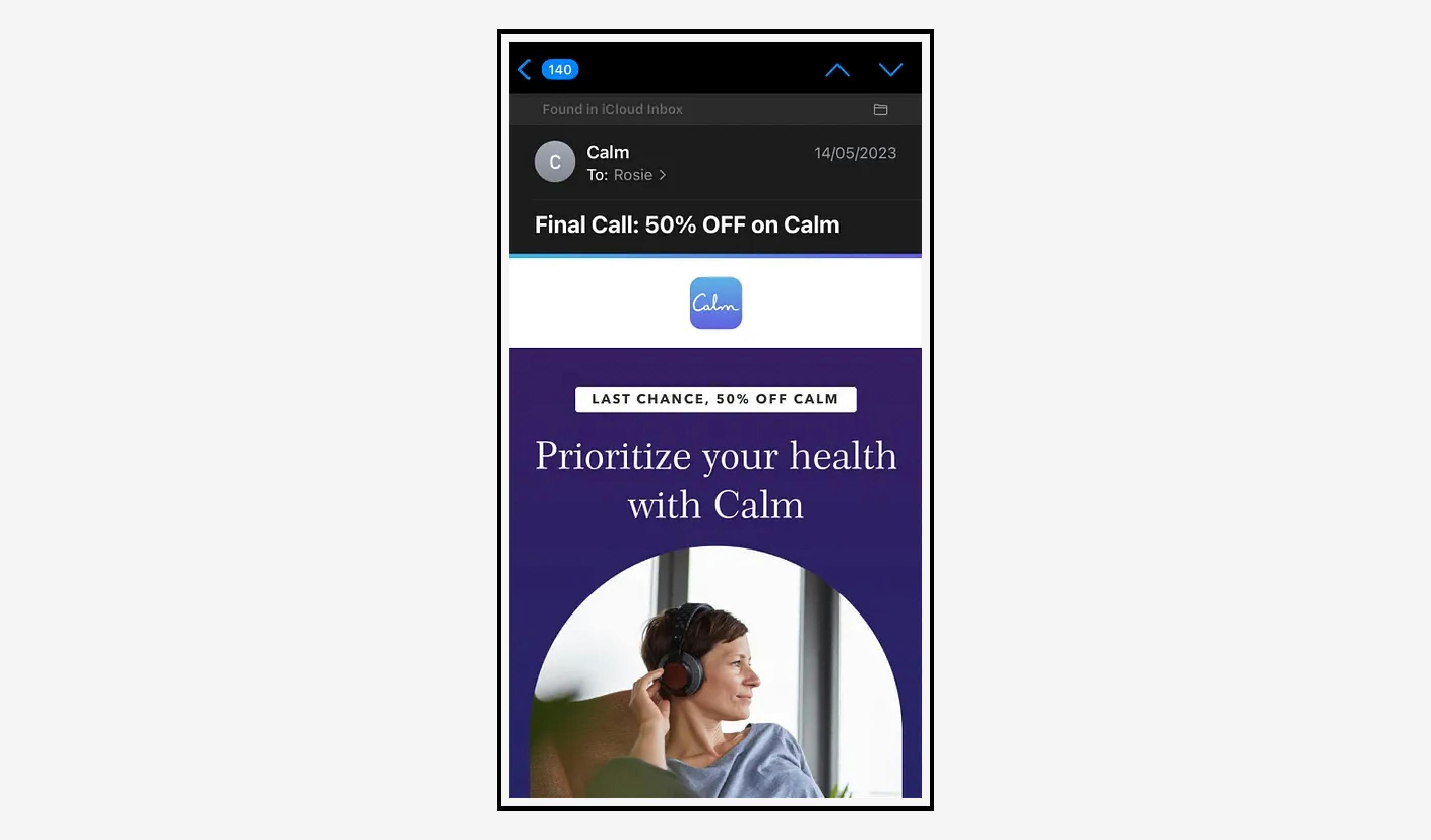 calm app email with a discount promotion