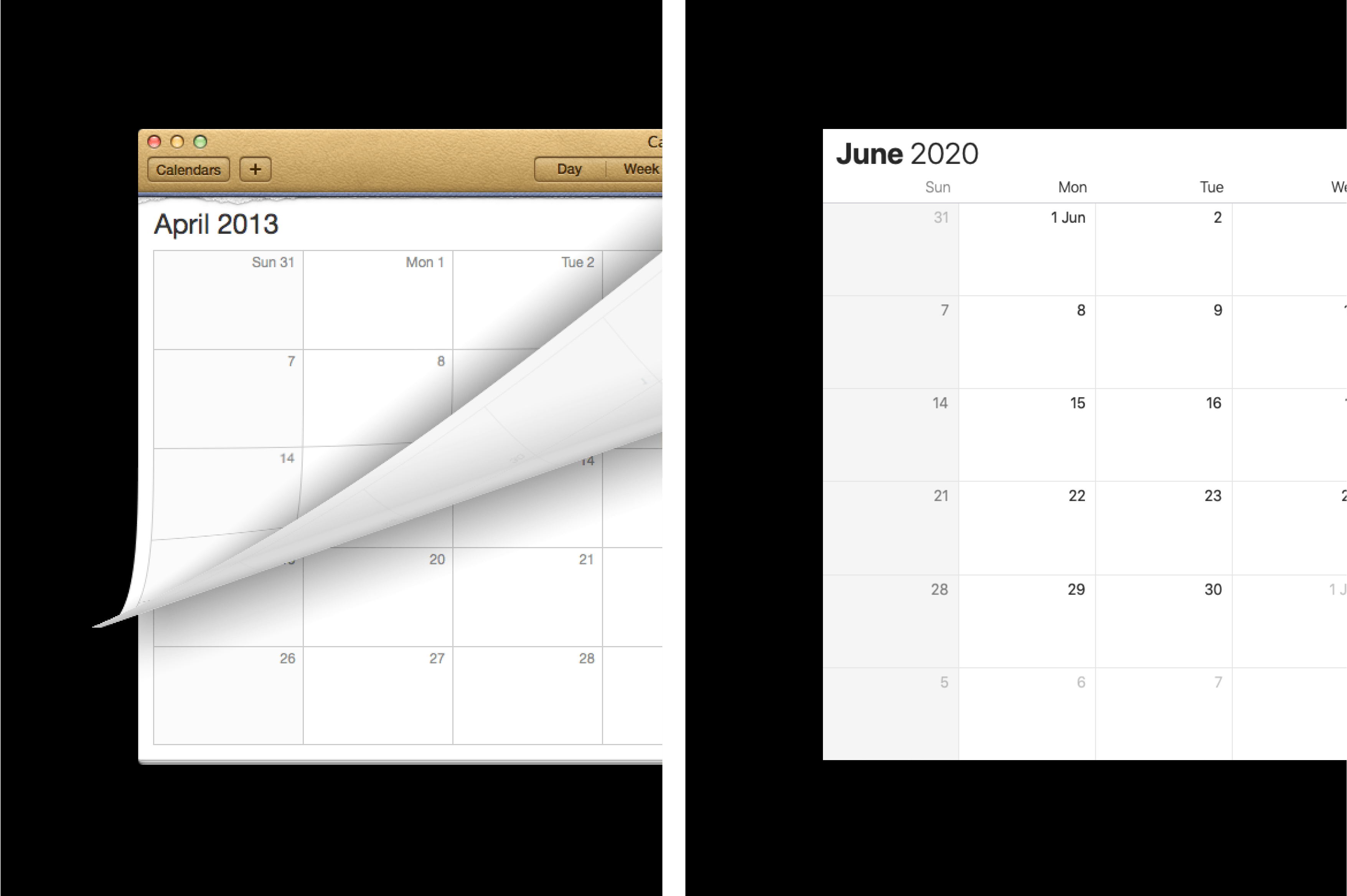 screenshot of skeuomorphic apple calendar next to the current minimal ui calendar
