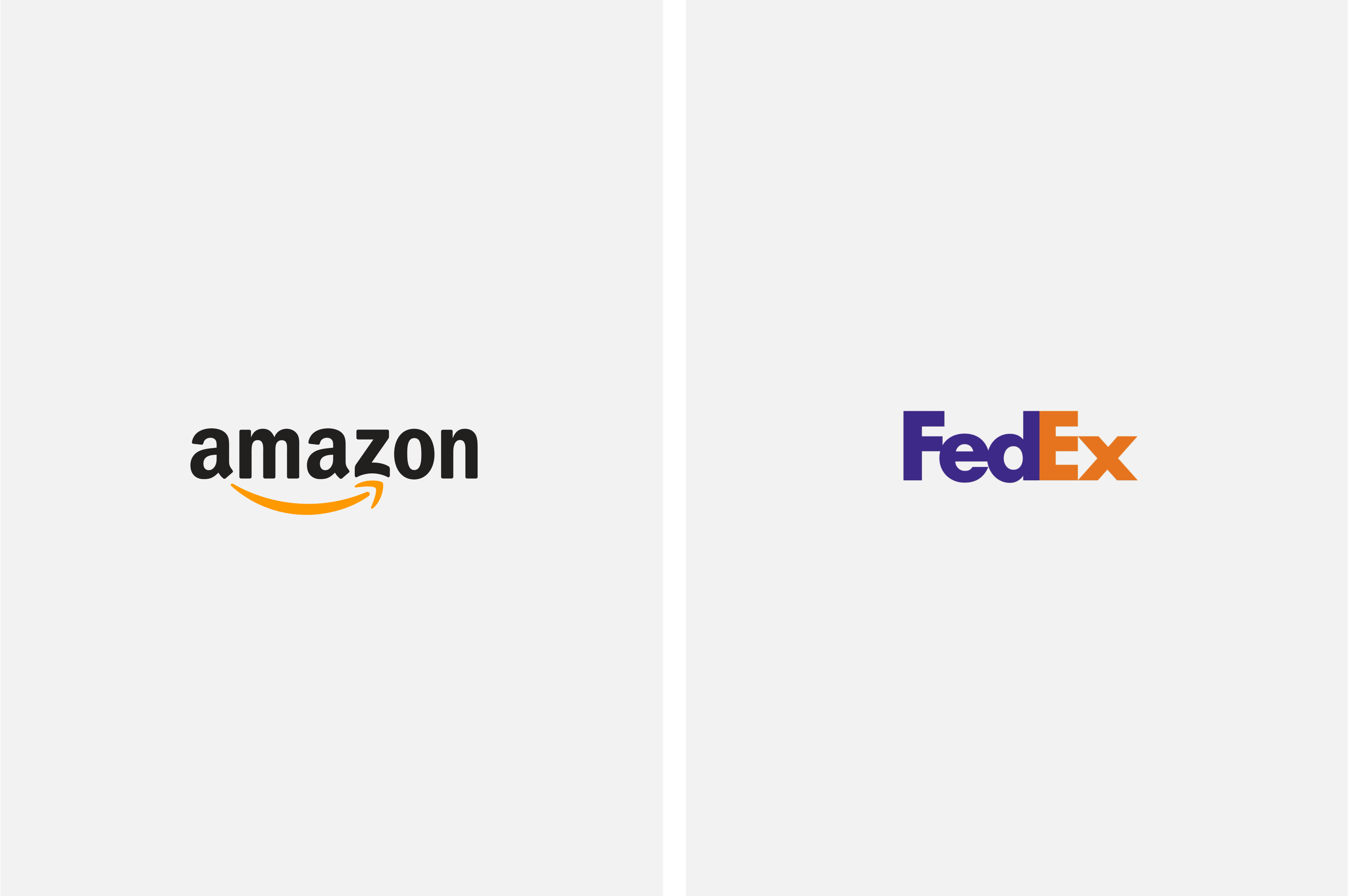 amazon logo with an arrow linking the a to the z and fedex logo with the arrow crated in the negative space between the E and the X