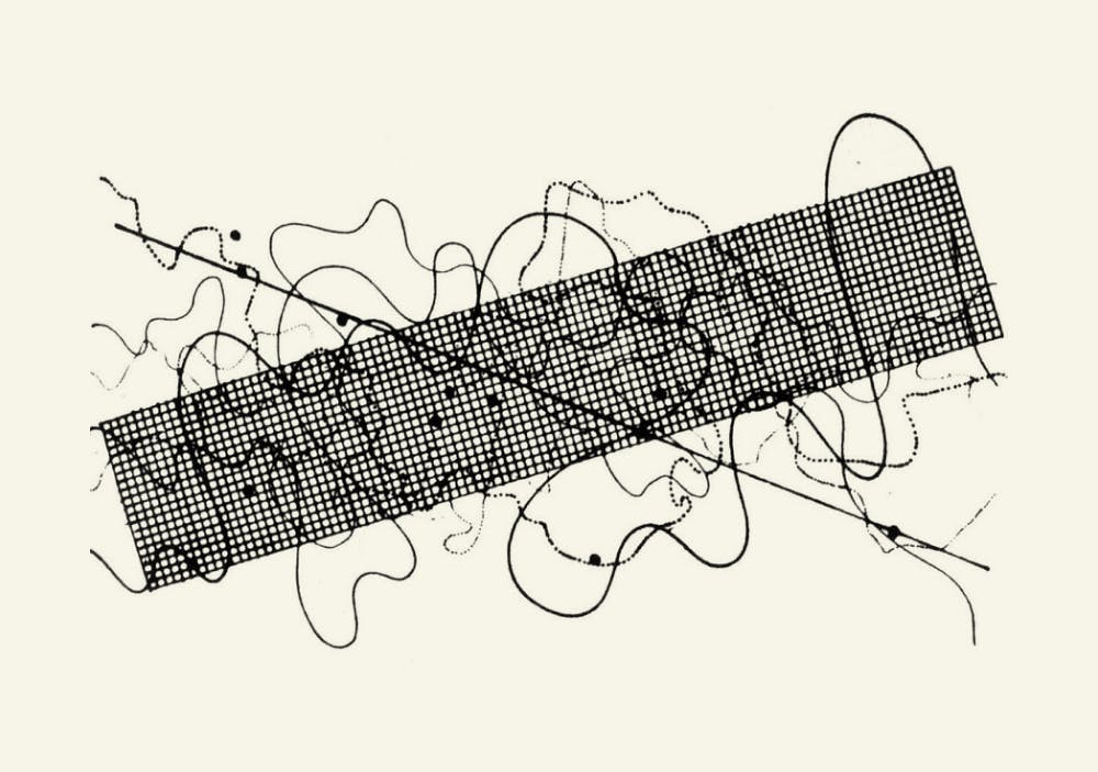 graphic notation by John Cage with abstract lines and shapes