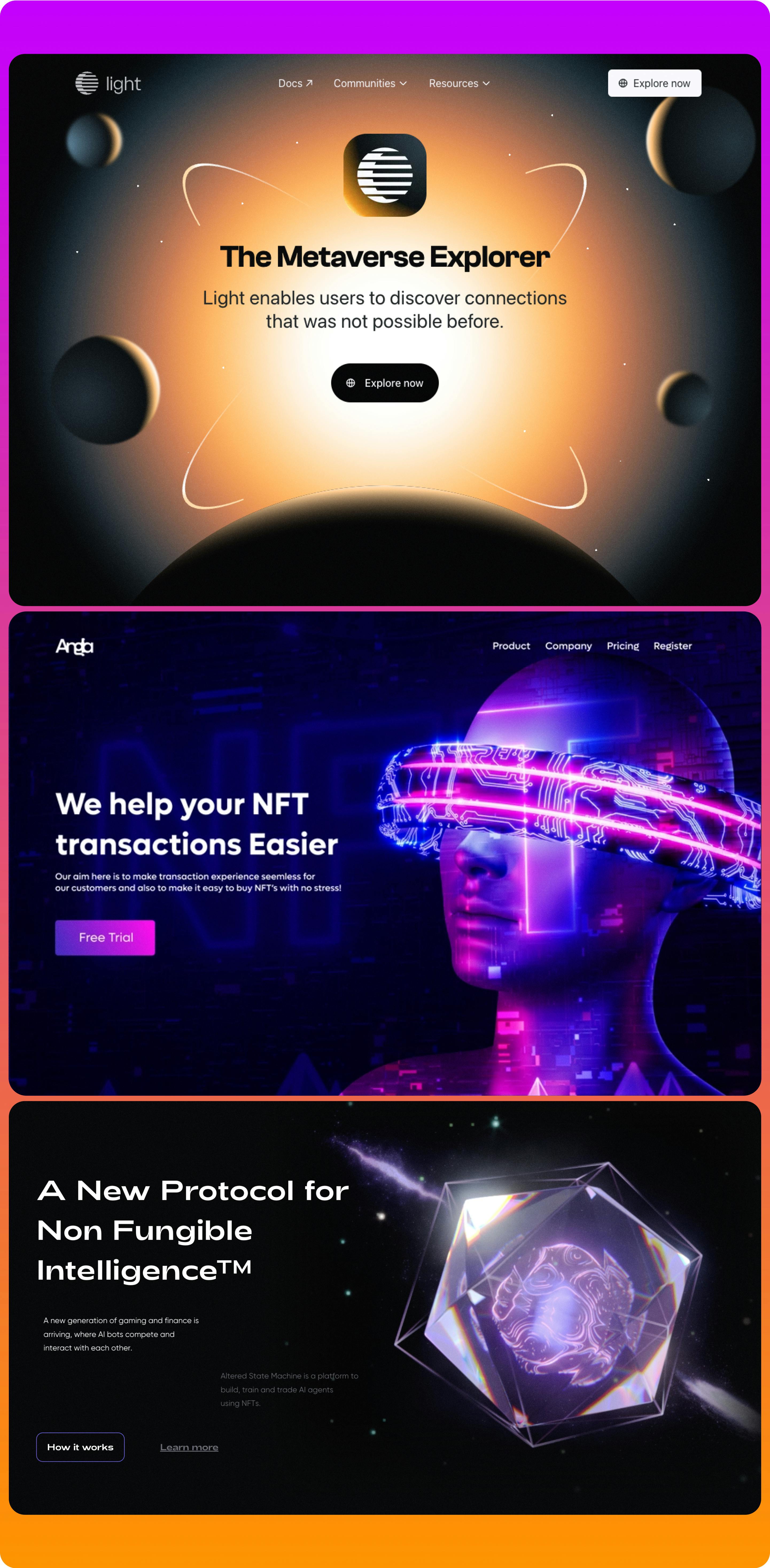 screenshots from web3 and metaverse websites with abstract sterile shapes
