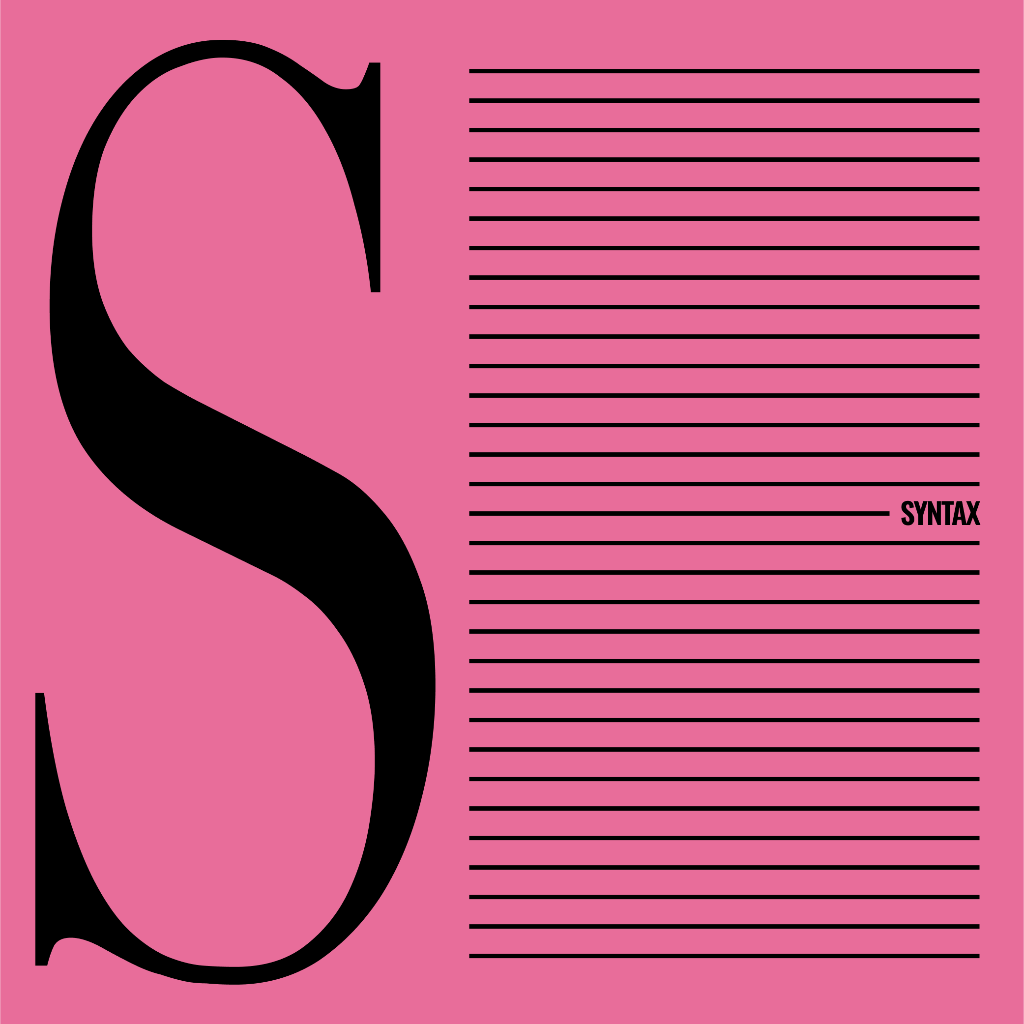 letter s stylized next to lines representing a paragraph in which you can only read the word syntax
