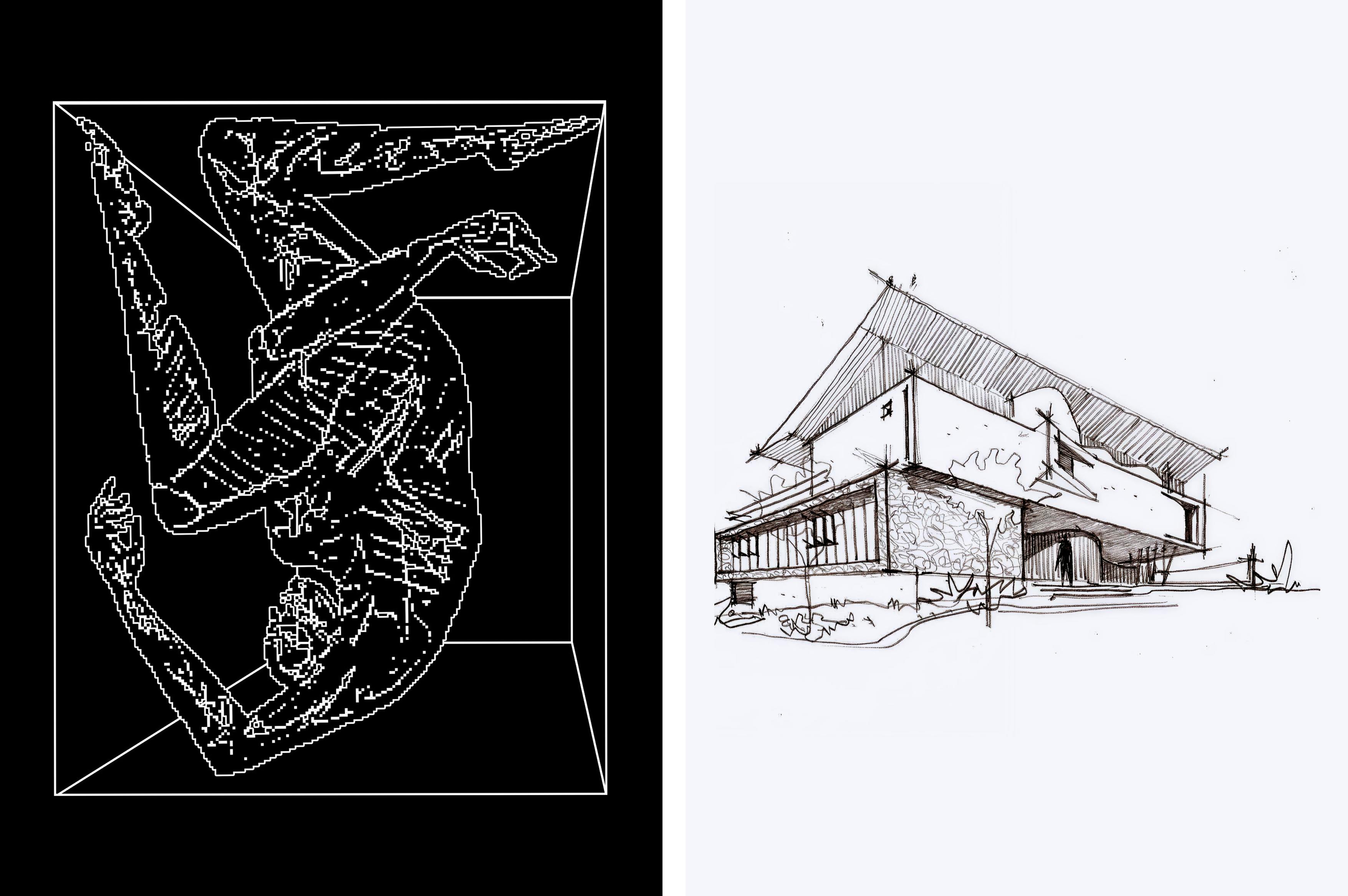 diptych of drawing of a dancer next to an architectural drawing