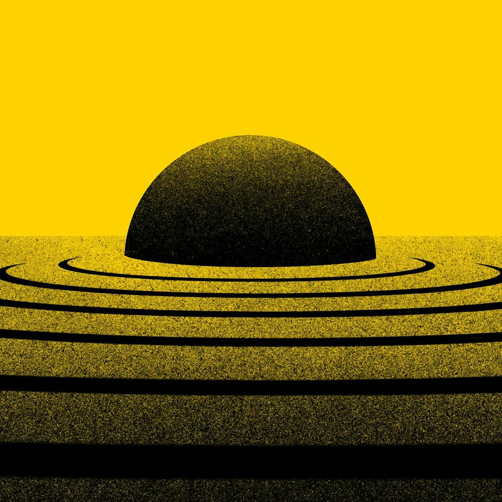 An illustration of a black semi-circle resembling a setting or rising sun against a bright yellow background. The semi-circle is surrounded by concentric black rings that gradually fade into the yellow background, creating a ripple effect.