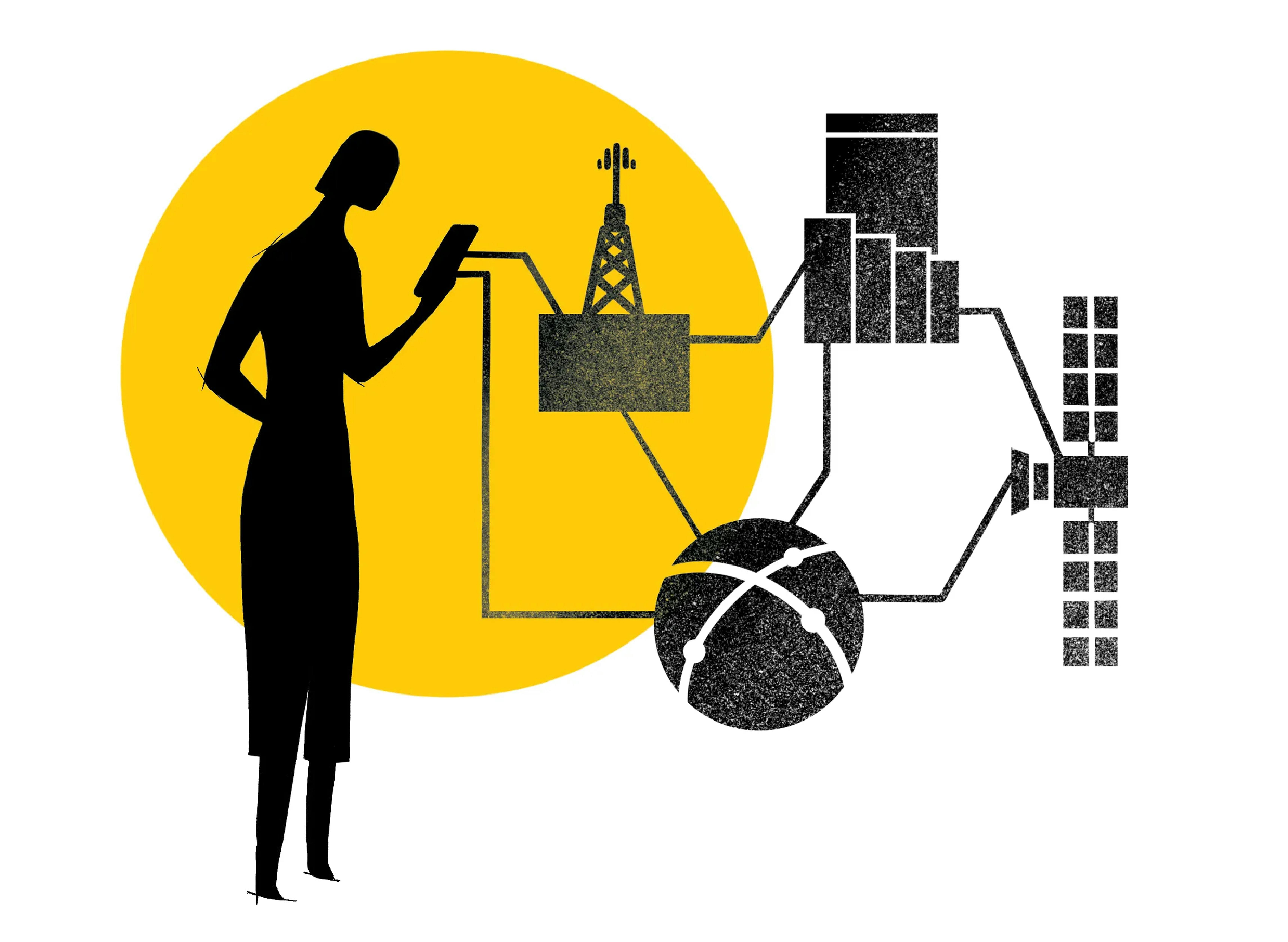 a  black silhouette of a person looking at a mobile device with lines going from the device to what depicts the underlying physical infrastructure made of signal towers, data centres, satellites, and the physical web. Part of the illustration is superimposed in front of a yellow circle.