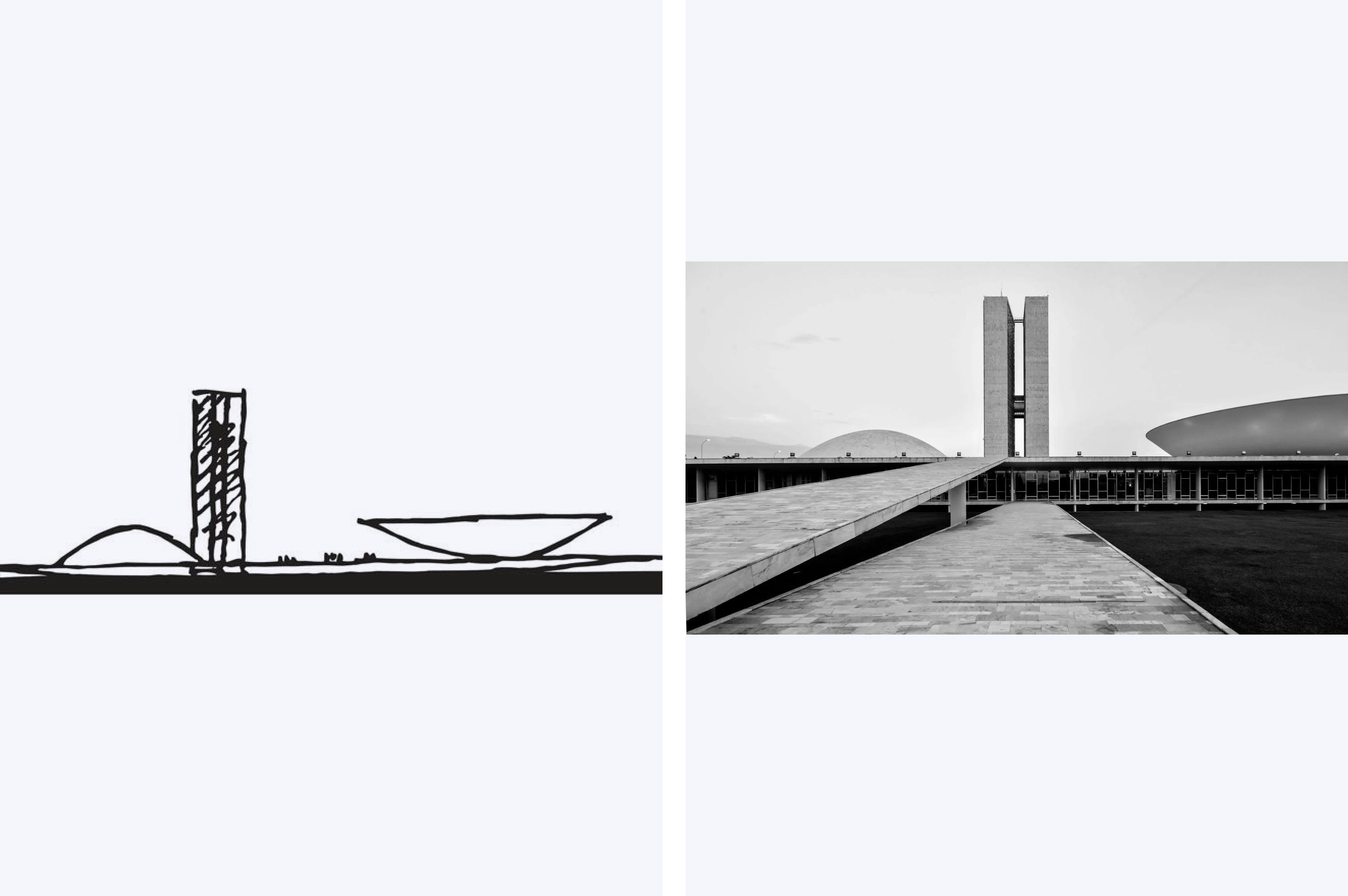 Two-panel image. Left: a stylized black-and-white sketch of a building complex. Right: a black-and-white photograph of the National Congress of Brazil building, featuring two towers and two domes.
