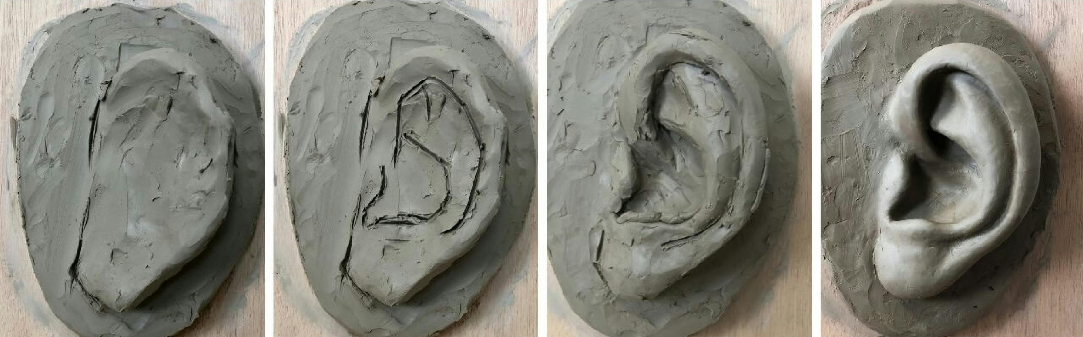 Four-panel photo showing the process of sculpting a realistic ear in clay, from an initial rough shape to the final detailed form.