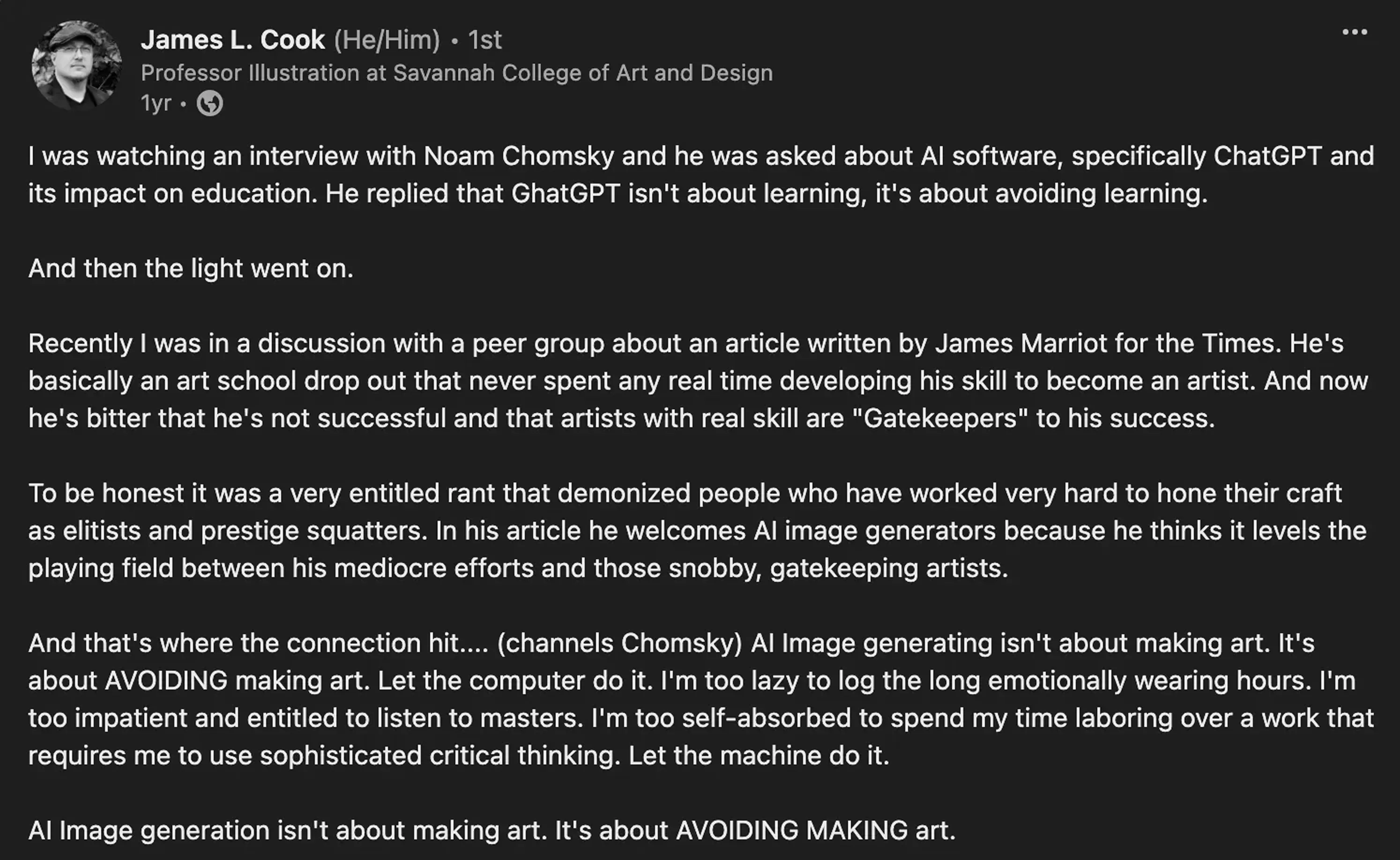 screenshot of the linkedin post