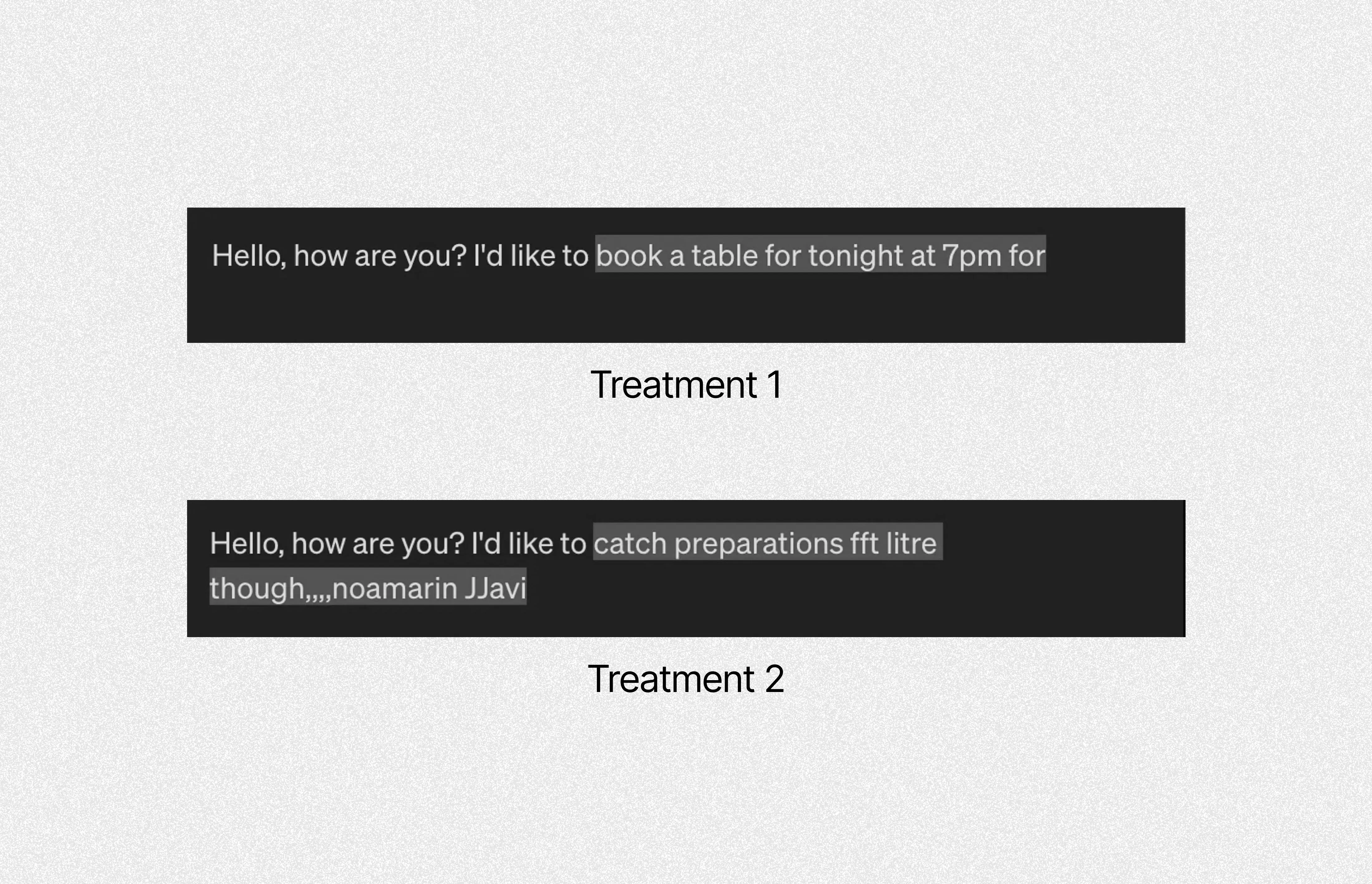 screenshot of two different AI treatments. The second one produces a gibberish autocomplete.