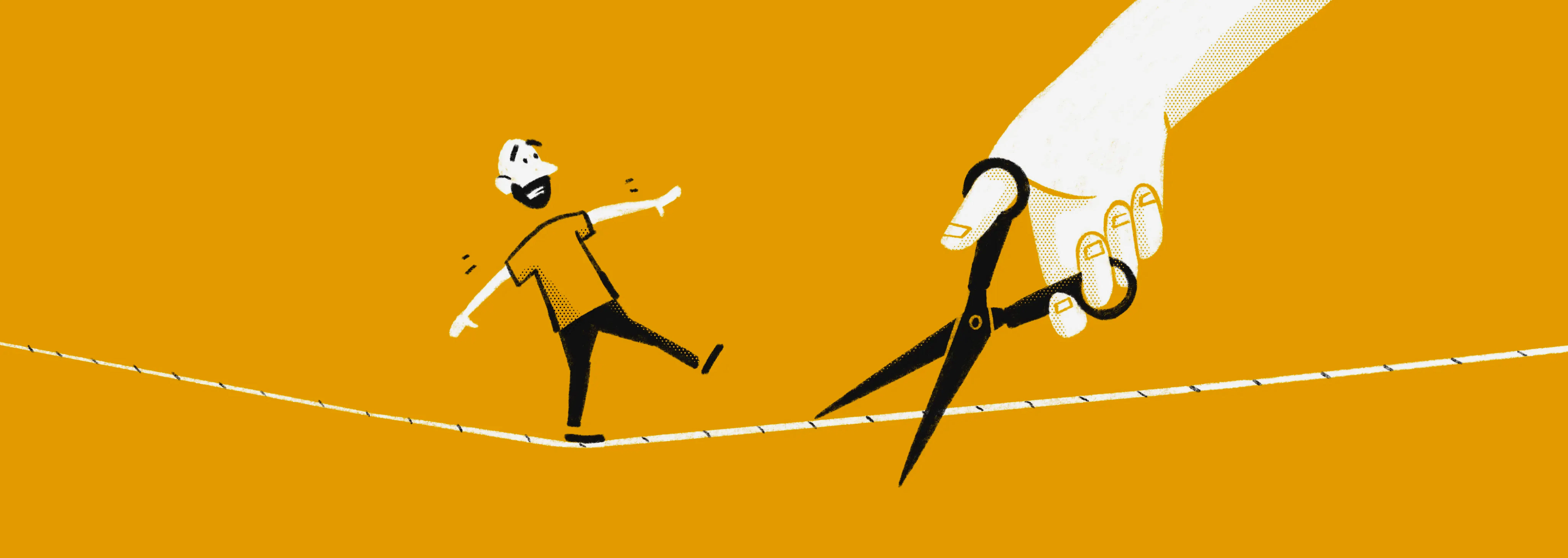 a person tightrope walking with a big scissors about to cut the rope