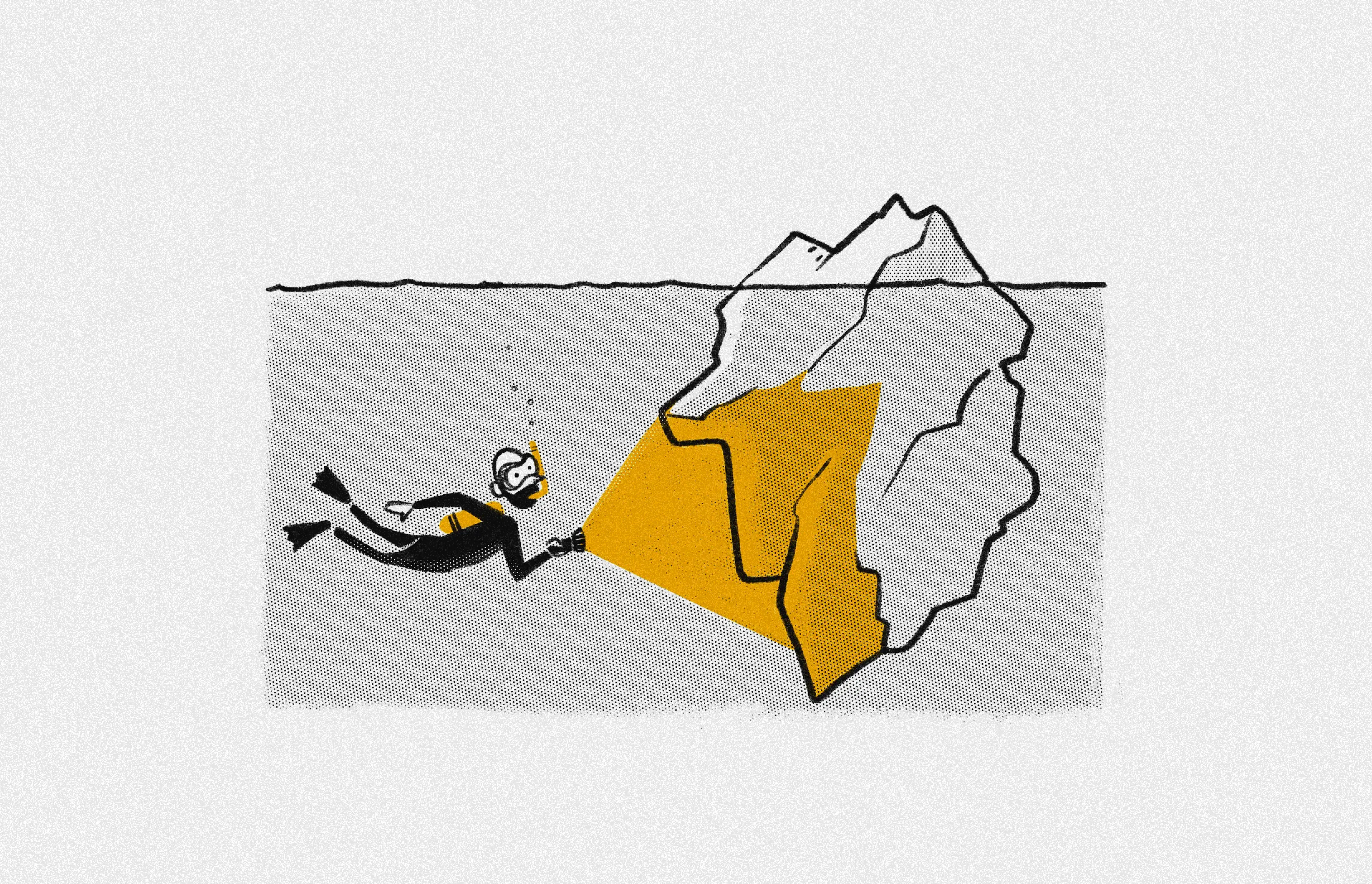 a person scubadiving looking an iceberg from below