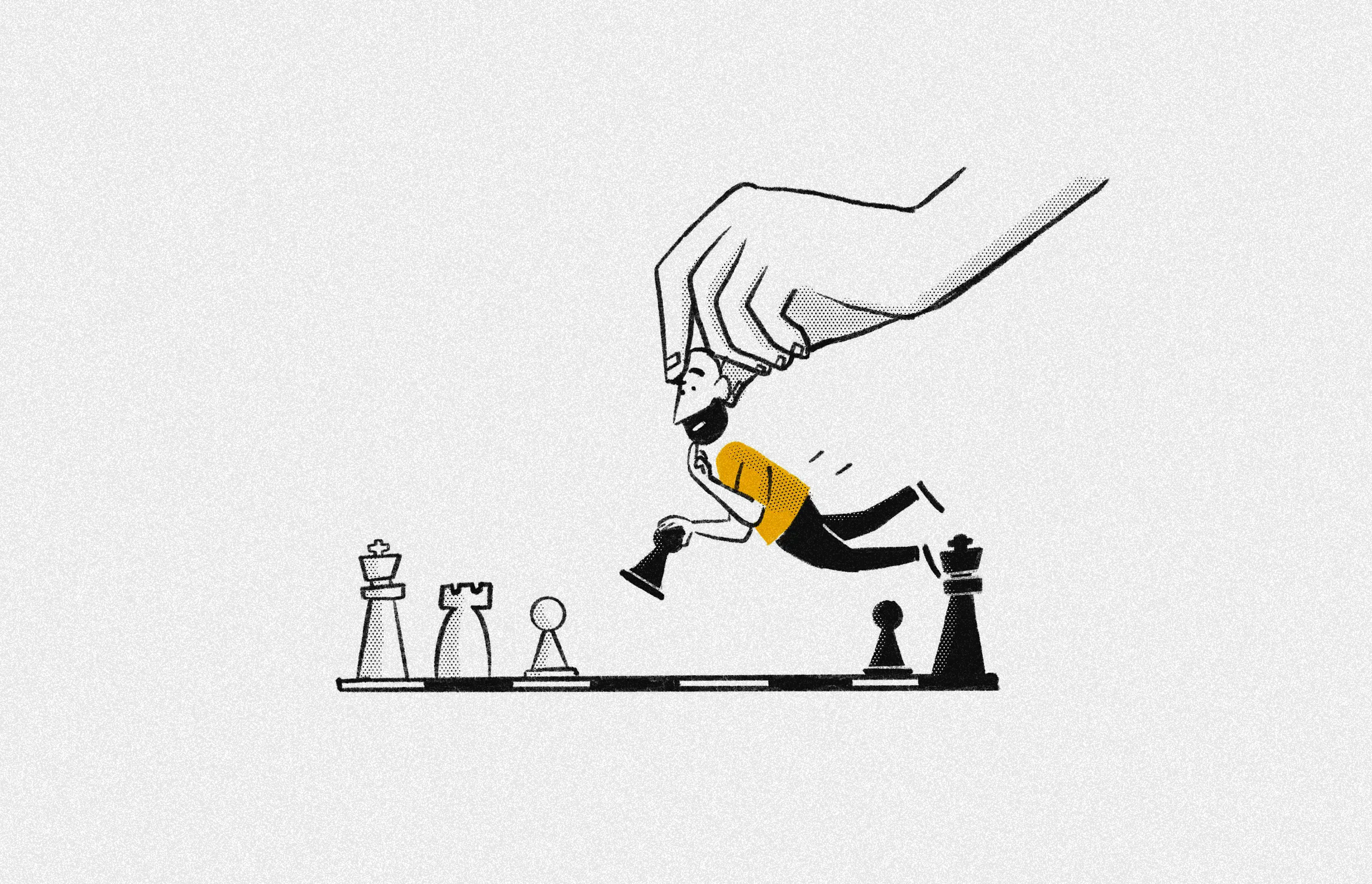 a hand moving a person who is moving a chess piece almost their size