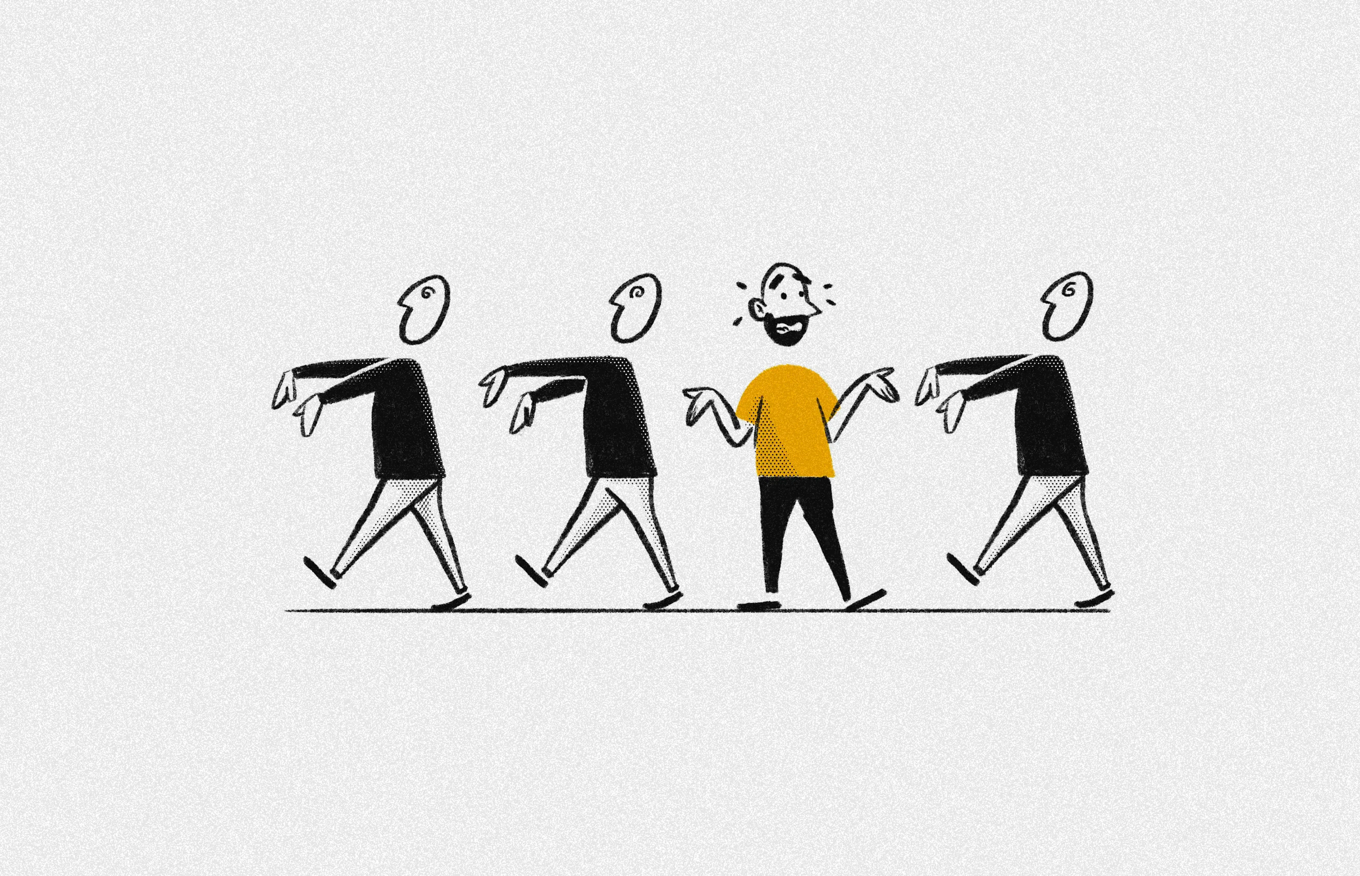 a person looking confused while others around are walking like zombies